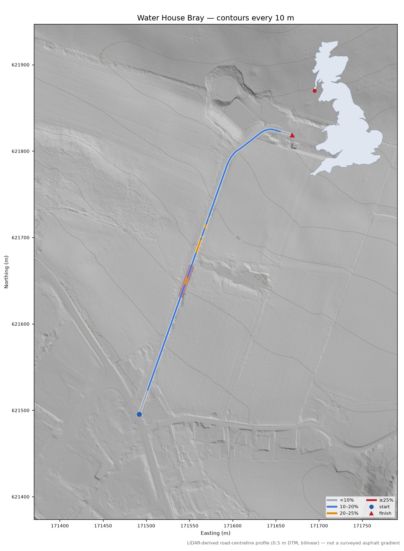 Water House Bray LiDAR hillshade map with contours