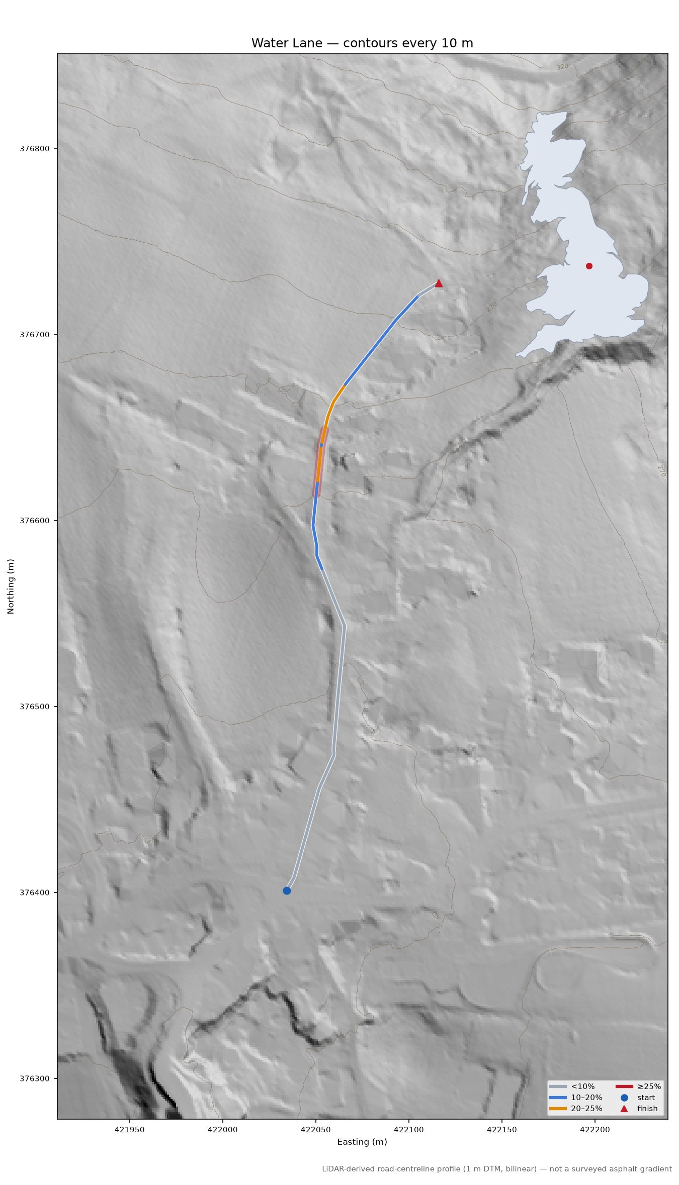 Water Lane LiDAR hillshade map with contours