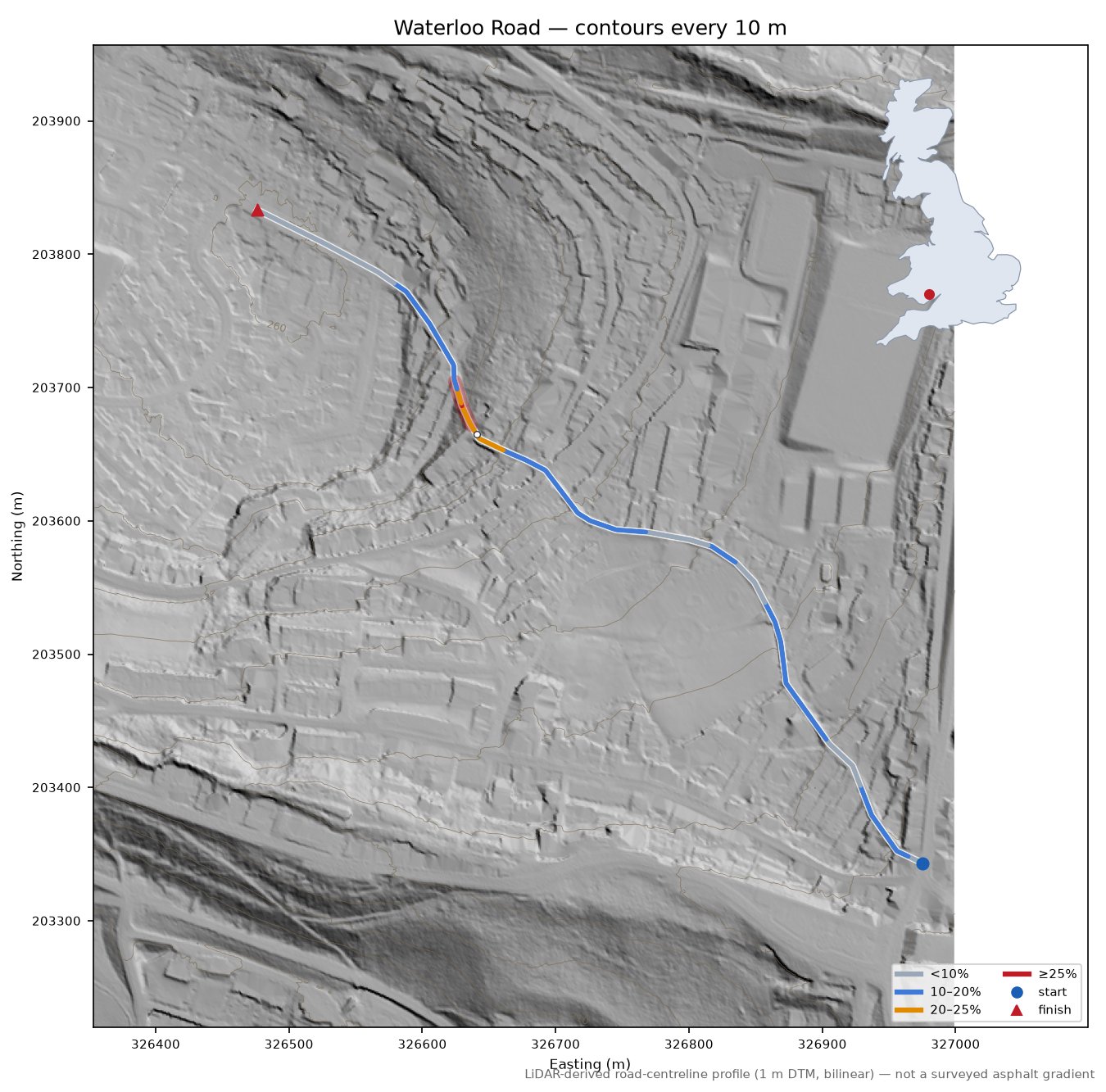 Waterloo Road LiDAR hillshade map with contours
