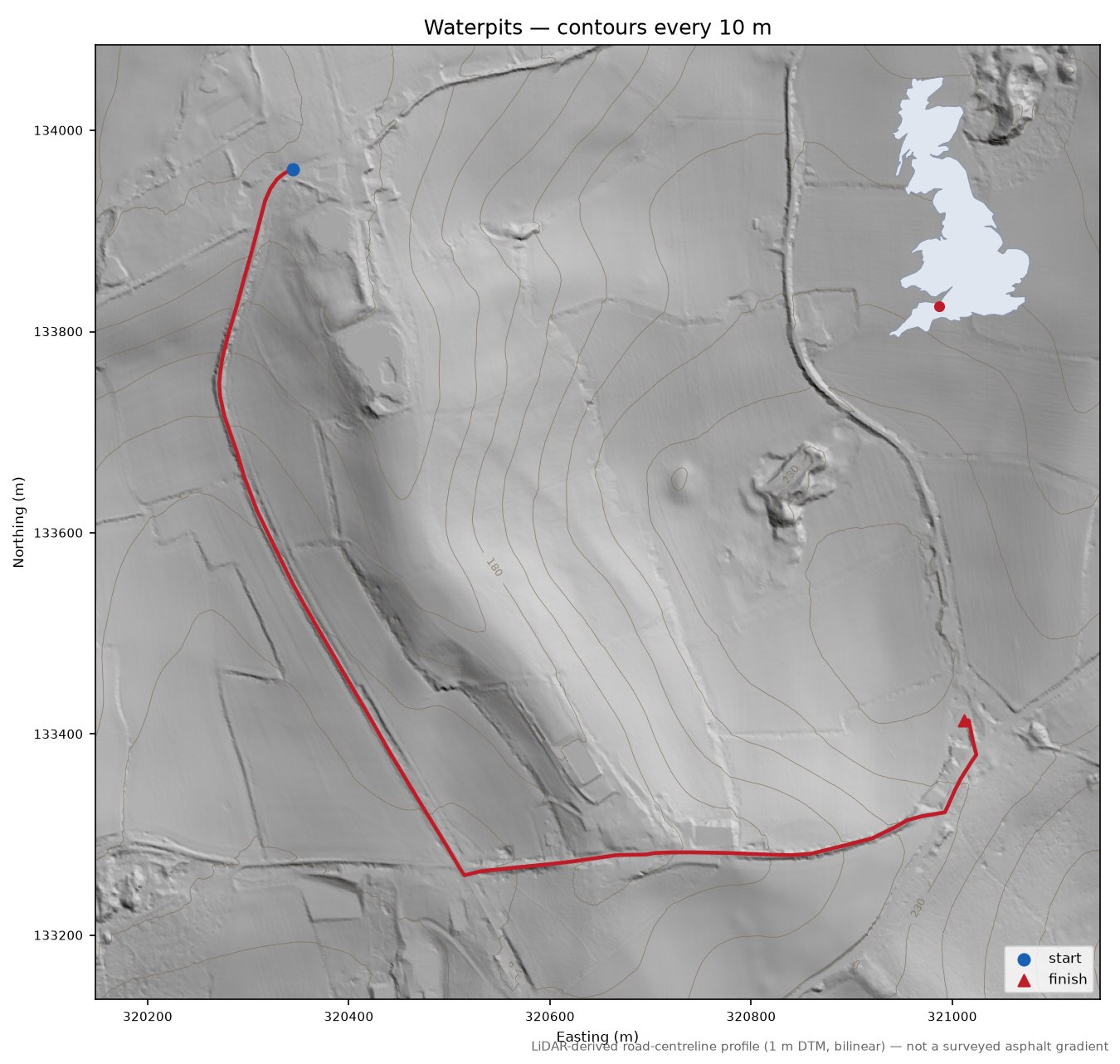 Waterpits LiDAR hillshade map with contours