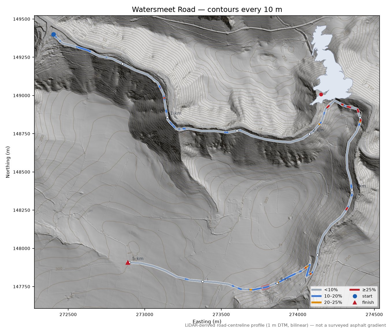 Watersmeet Road LiDAR hillshade map with contours
