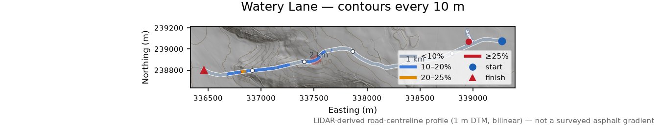 Watery Lane LiDAR hillshade map with contours