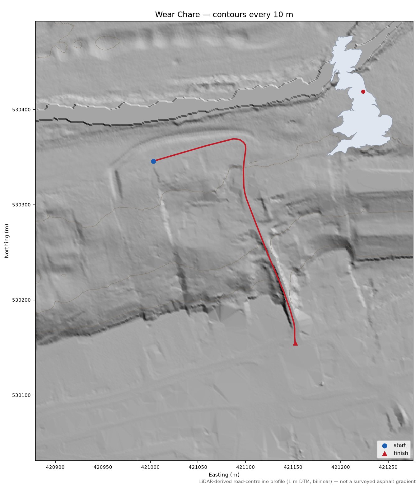Wear Chare LiDAR hillshade map with contours