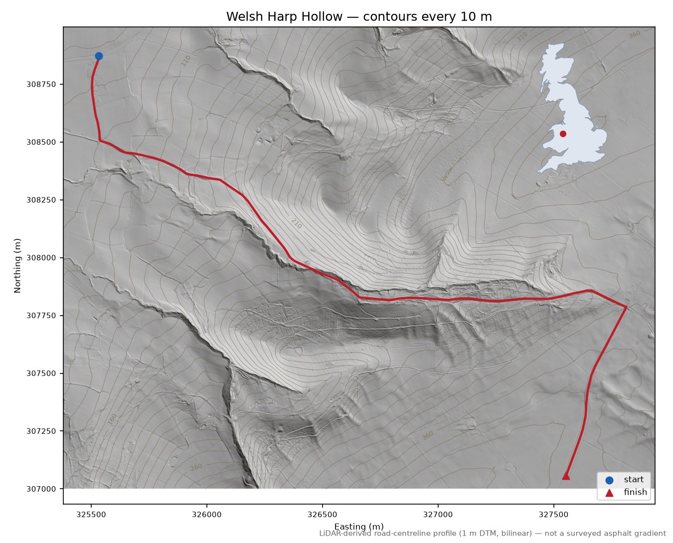 Welsh Harp Hollow LiDAR hillshade map with contours