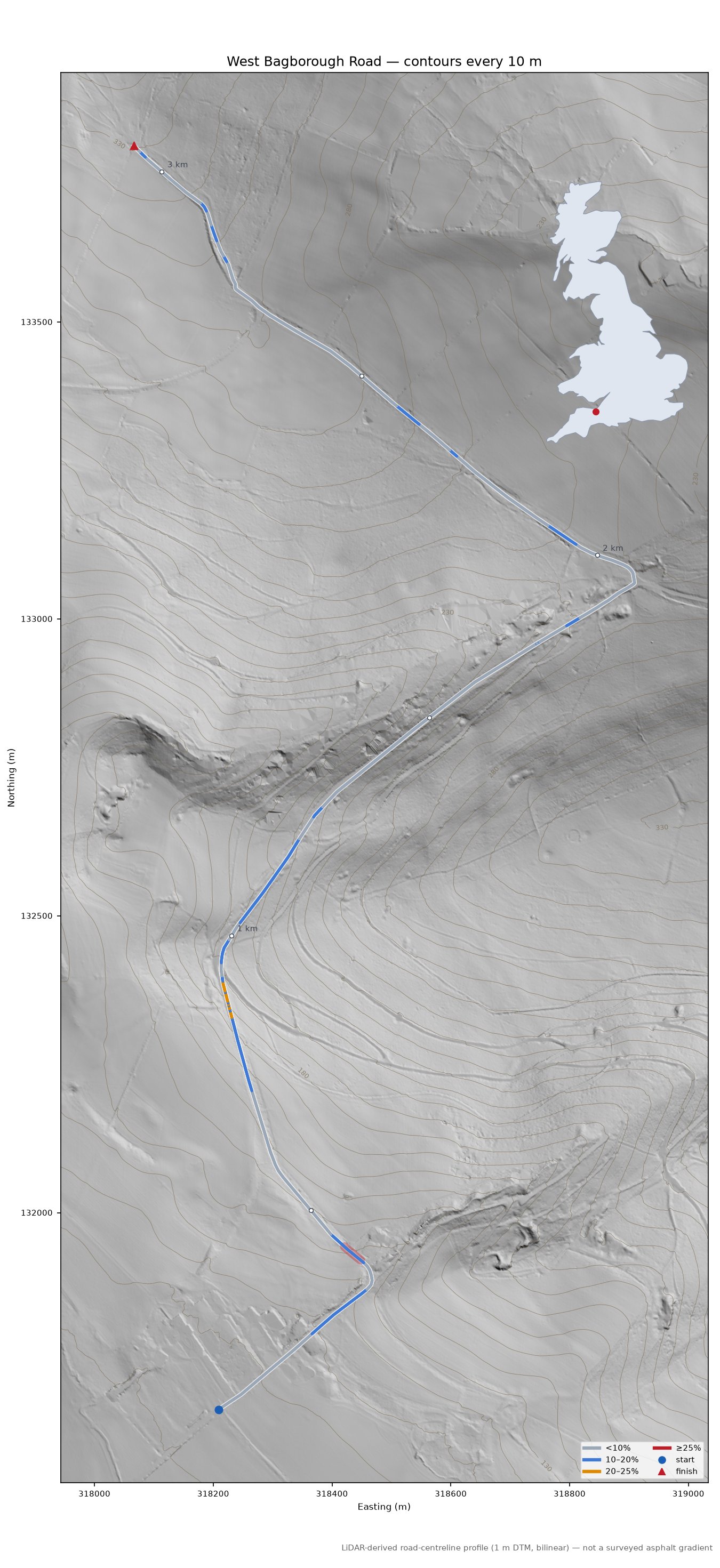 West Bagborough Road LiDAR hillshade map with contours