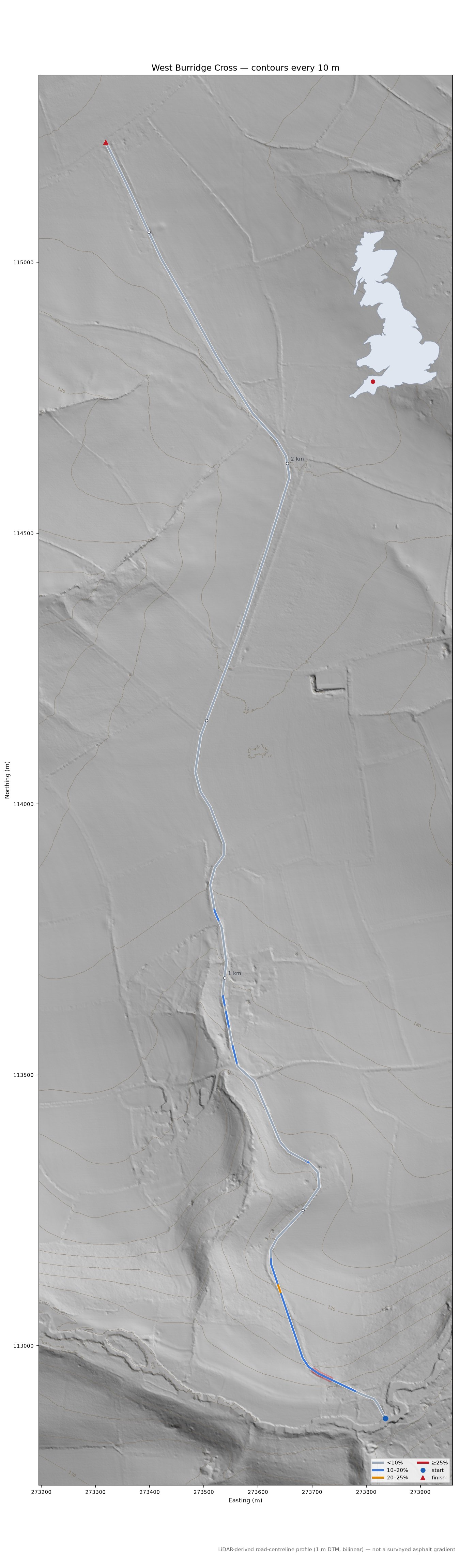 West Burridge Cross LiDAR hillshade map with contours