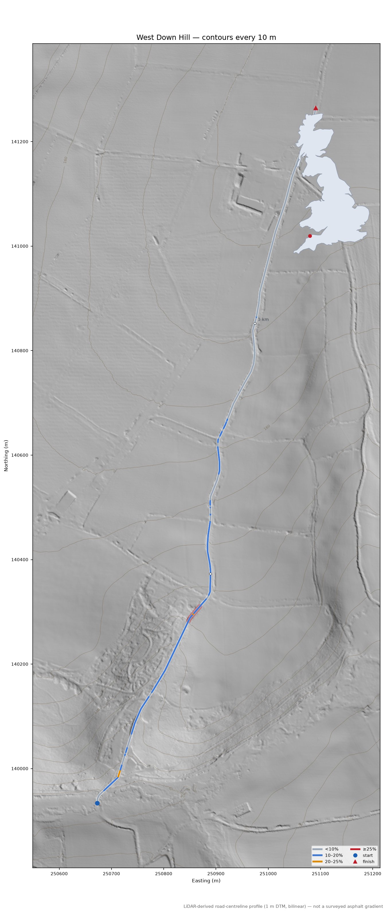 West Down Hill LiDAR hillshade map with contours