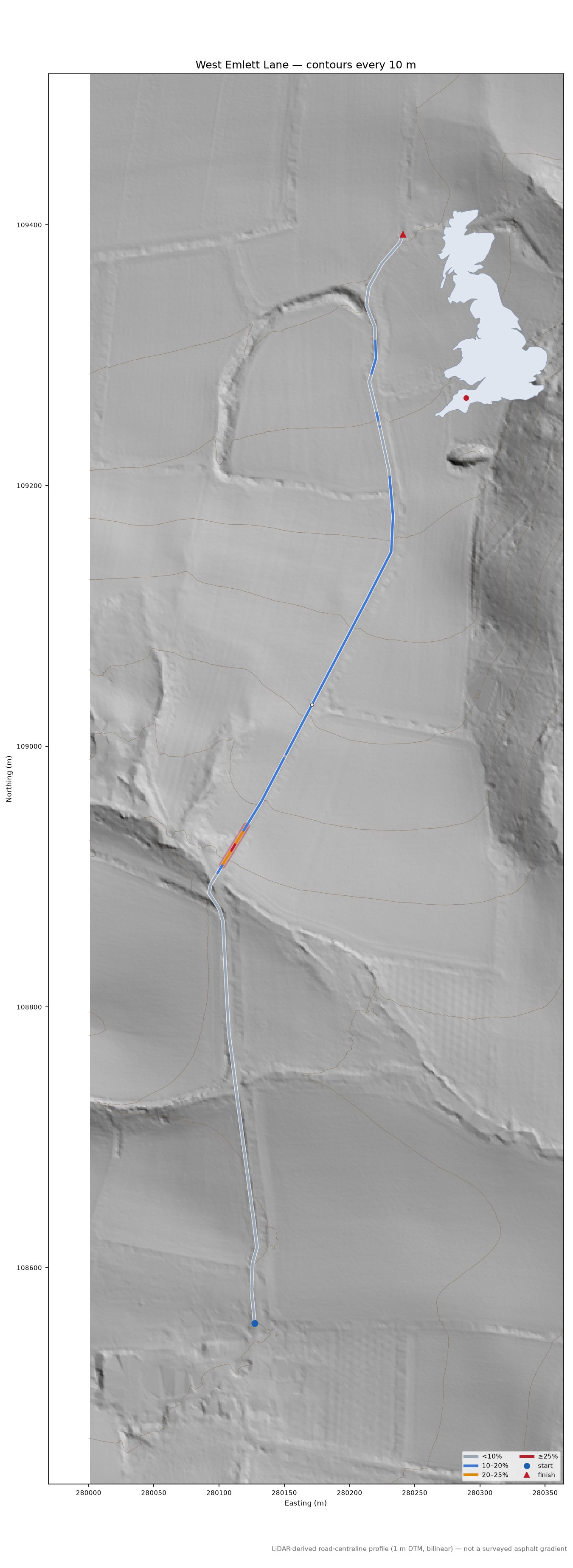 West Emlett Lane LiDAR hillshade map with contours
