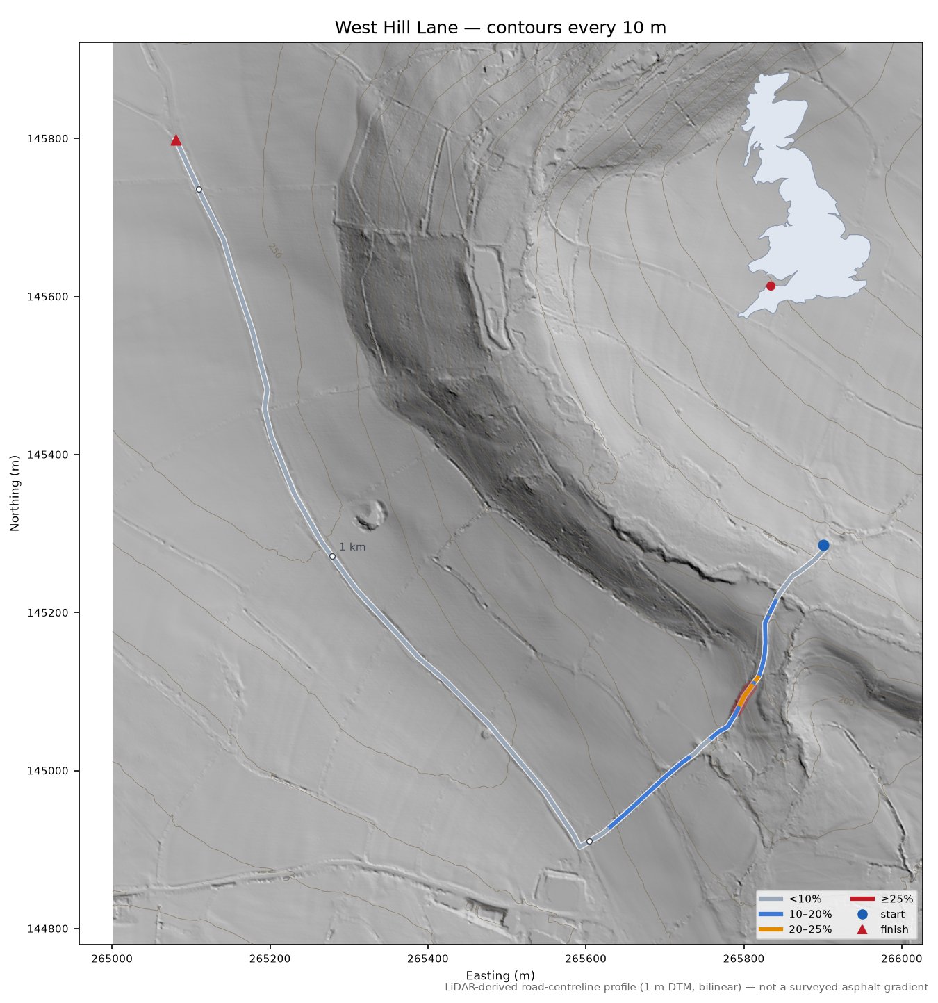 West Hill Lane LiDAR hillshade map with contours