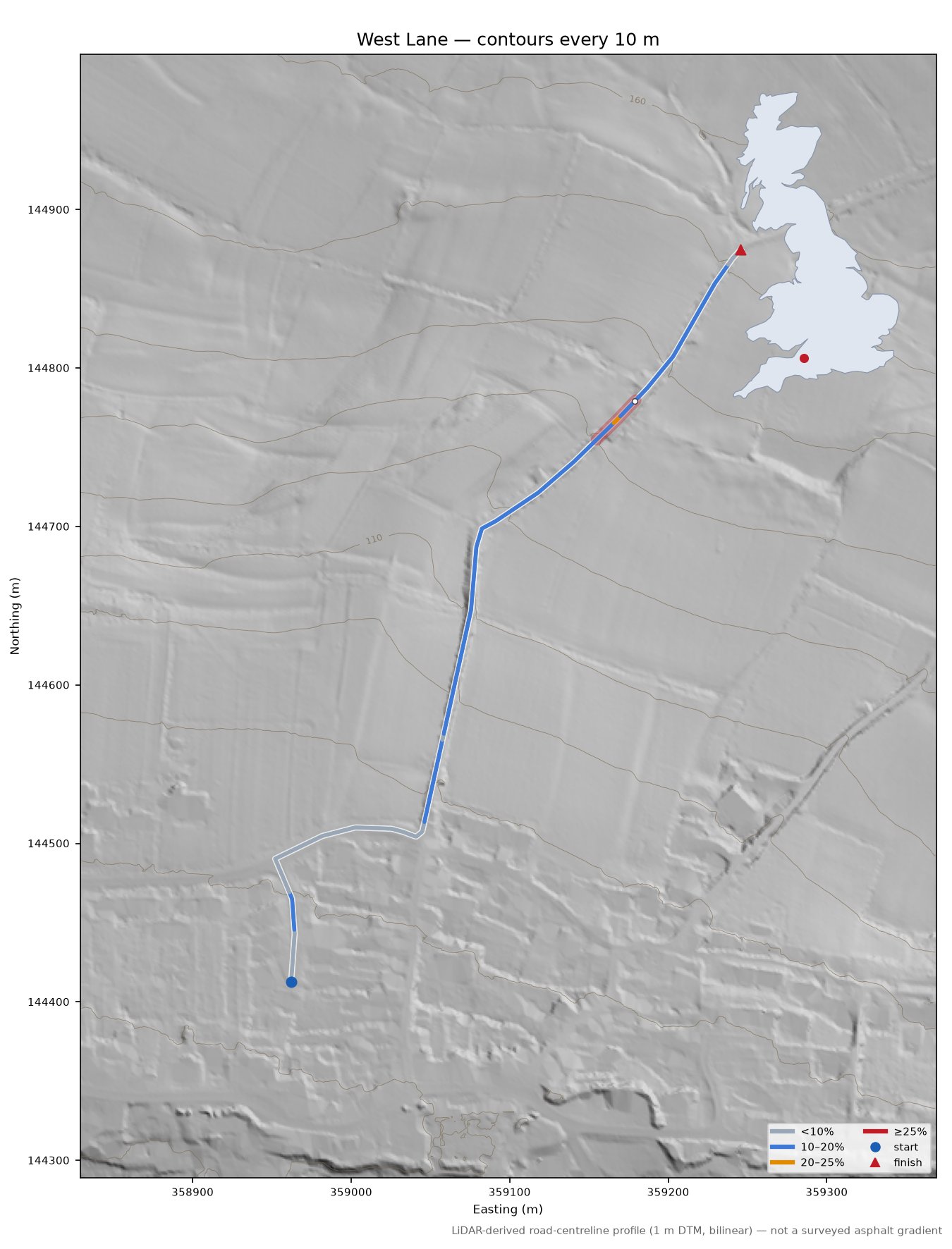 West Lane LiDAR hillshade map with contours
