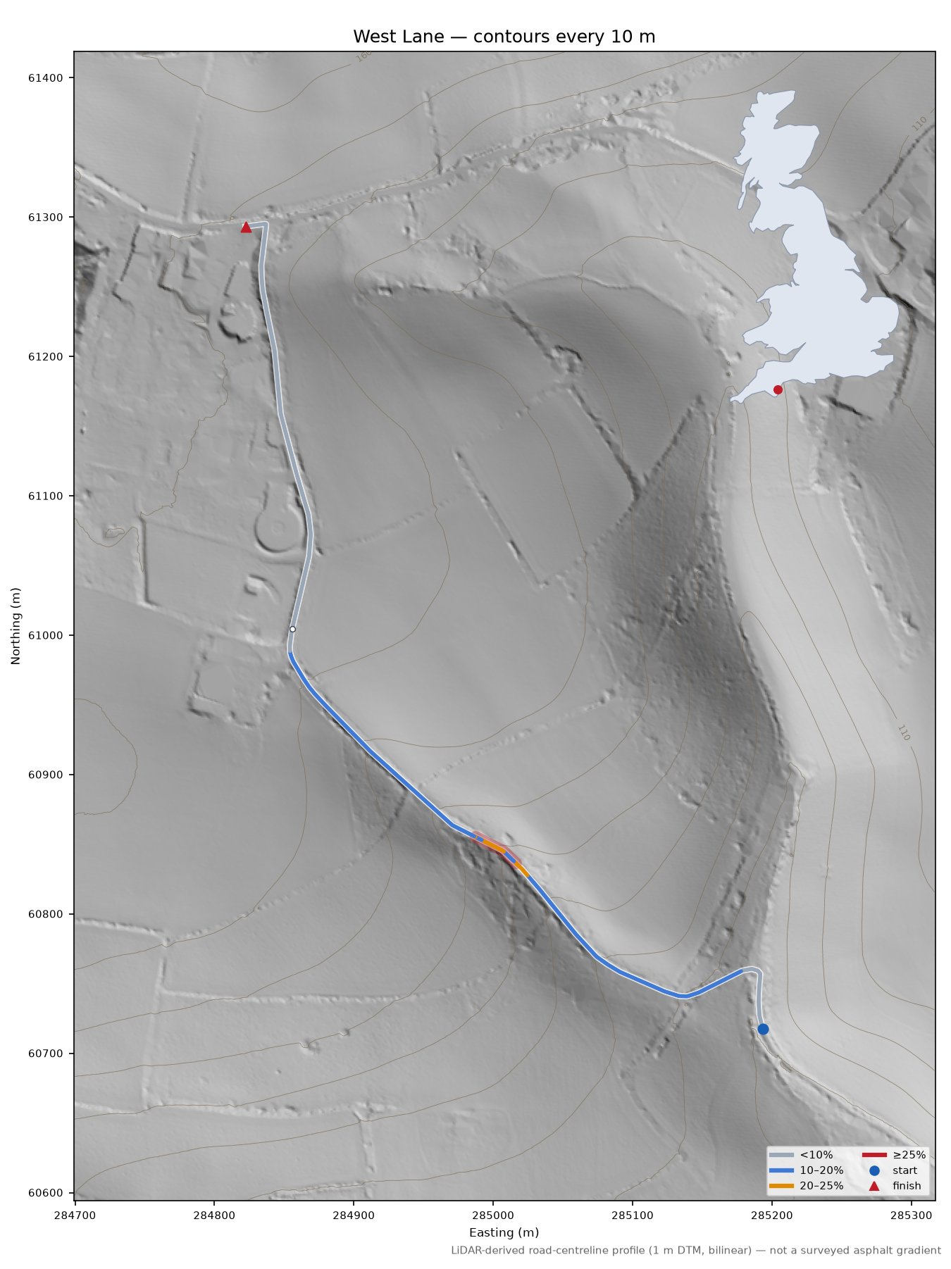 West Lane LiDAR hillshade map with contours