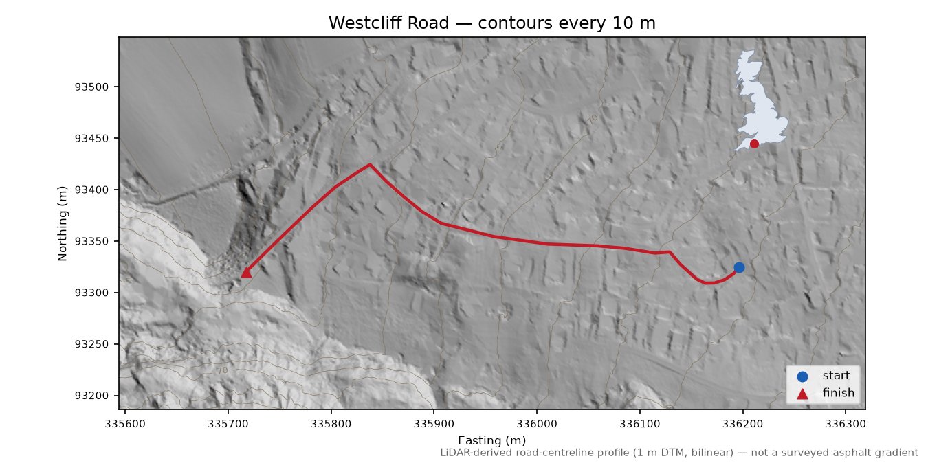 Westcliff Road LiDAR hillshade map with contours