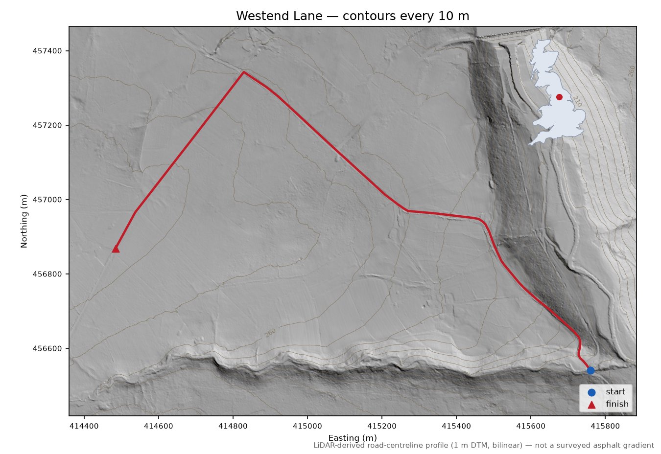 Westend Lane LiDAR hillshade map with contours