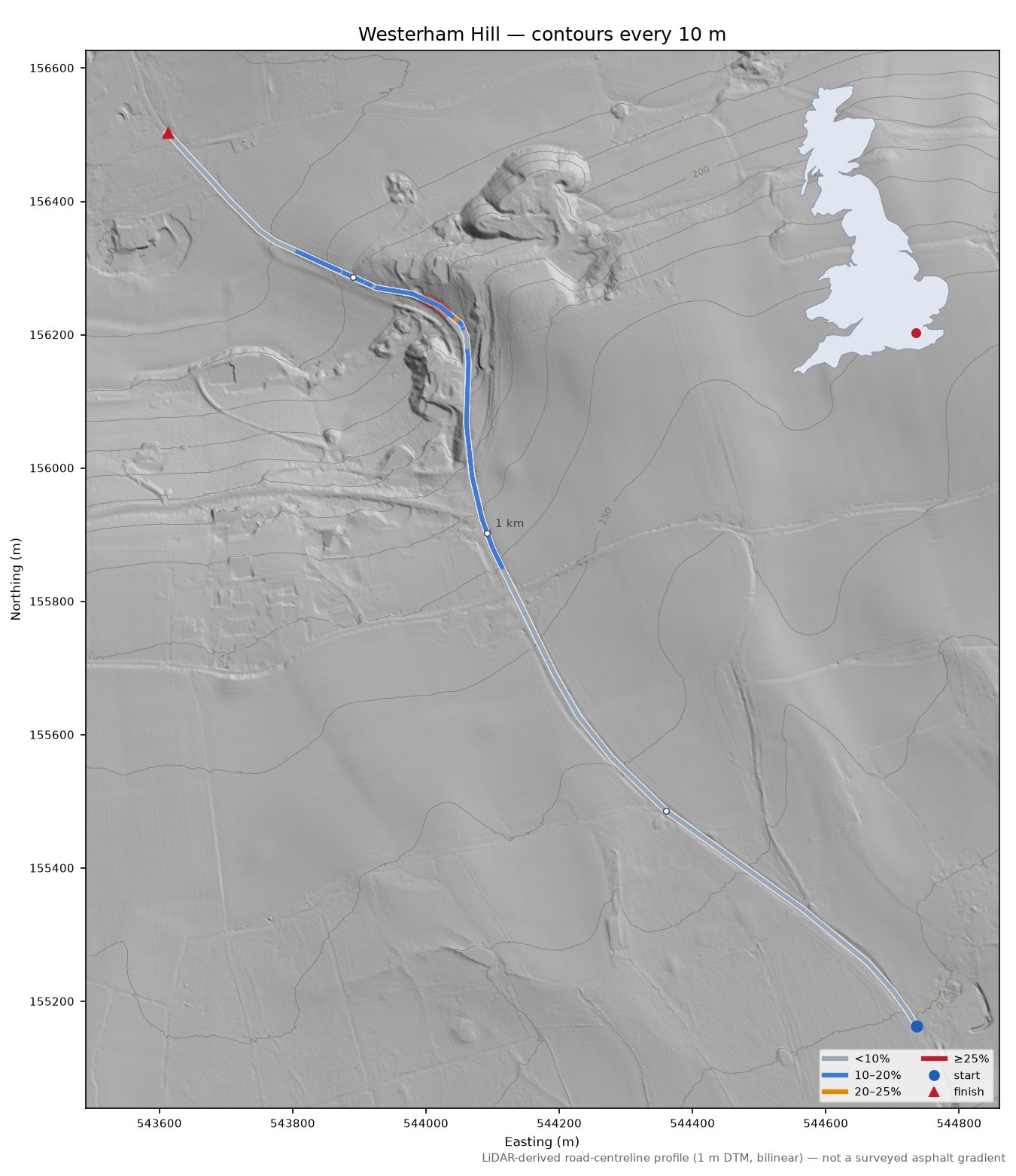 Westerham Hill LiDAR hillshade map with contours