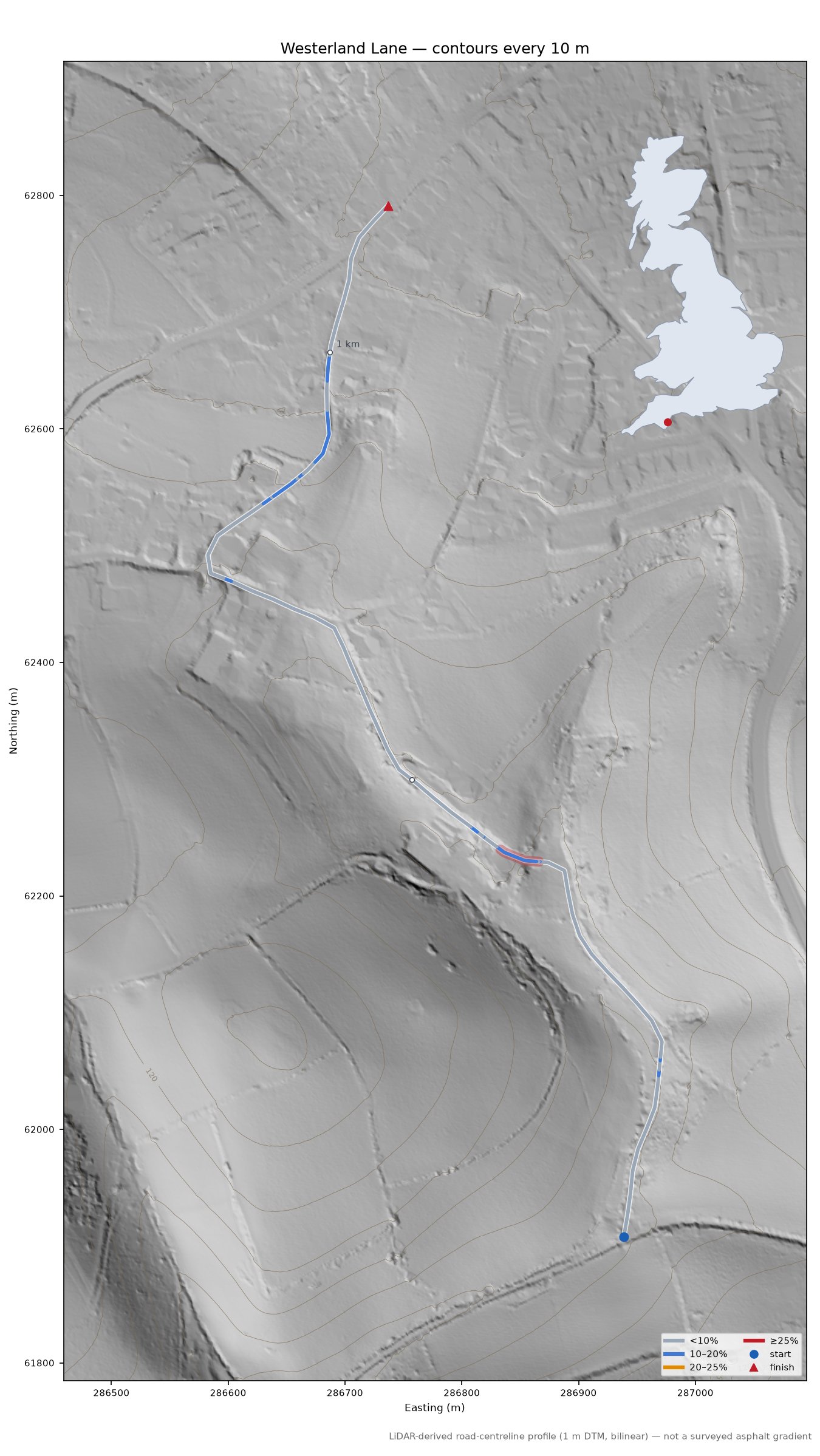 Westerland Lane LiDAR hillshade map with contours