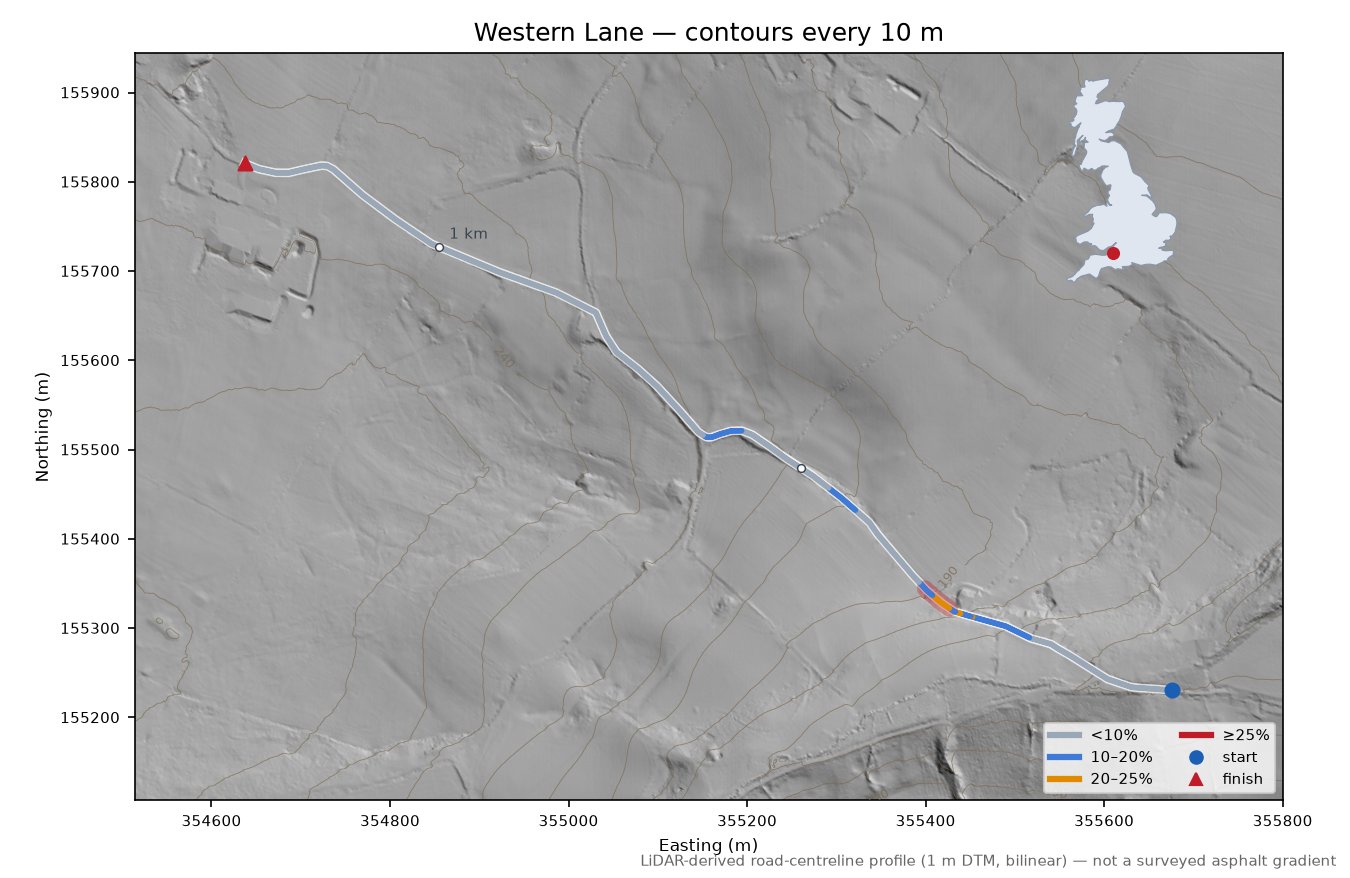 Western Lane LiDAR hillshade map with contours