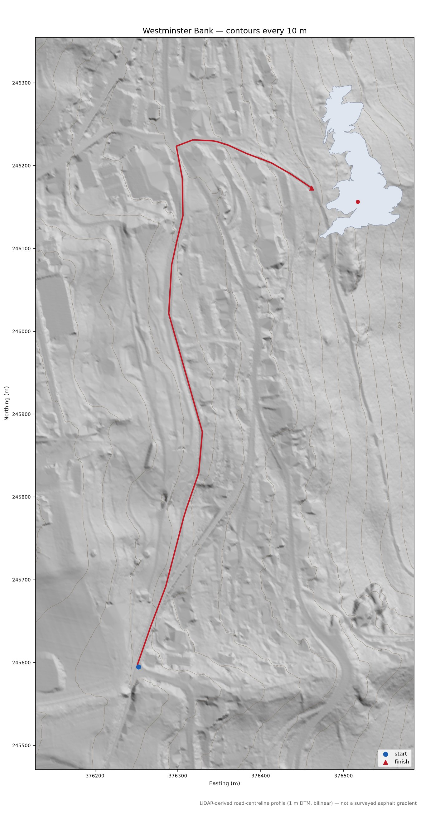 Westminster Bank LiDAR hillshade map with contours