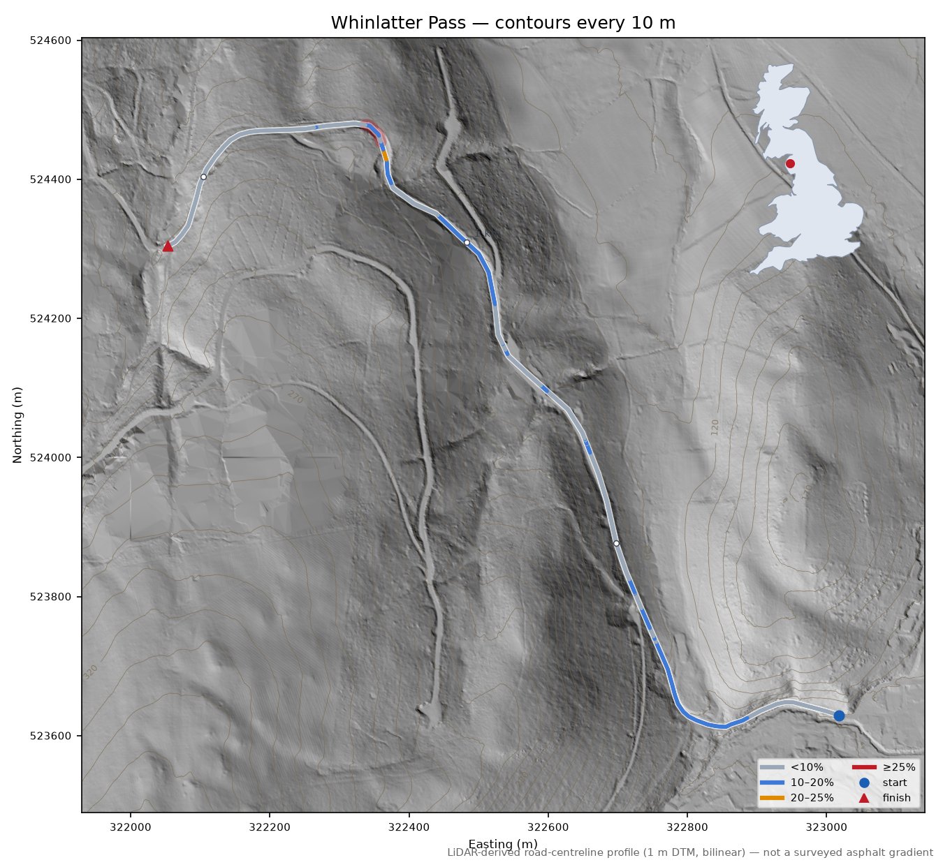 Whinlatter Pass LiDAR hillshade map with contours