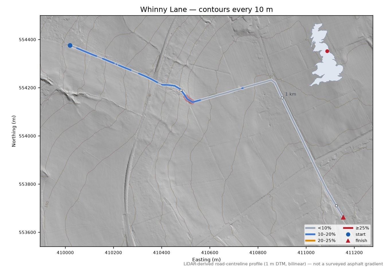 Whinny Lane LiDAR hillshade map with contours