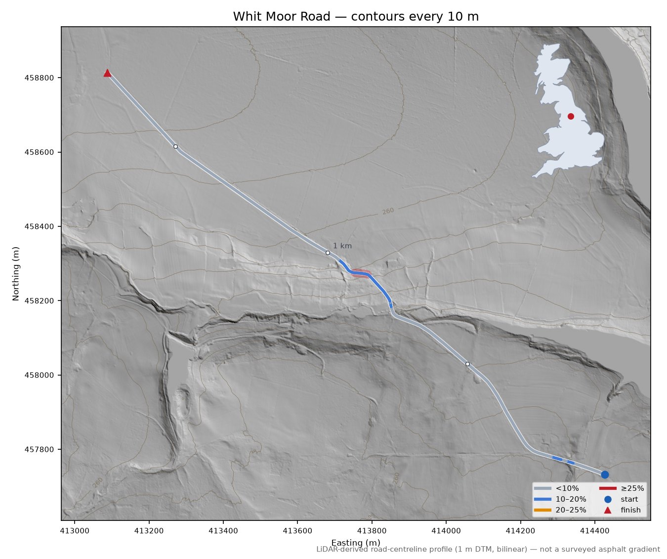 Whit Moor Road LiDAR hillshade map with contours