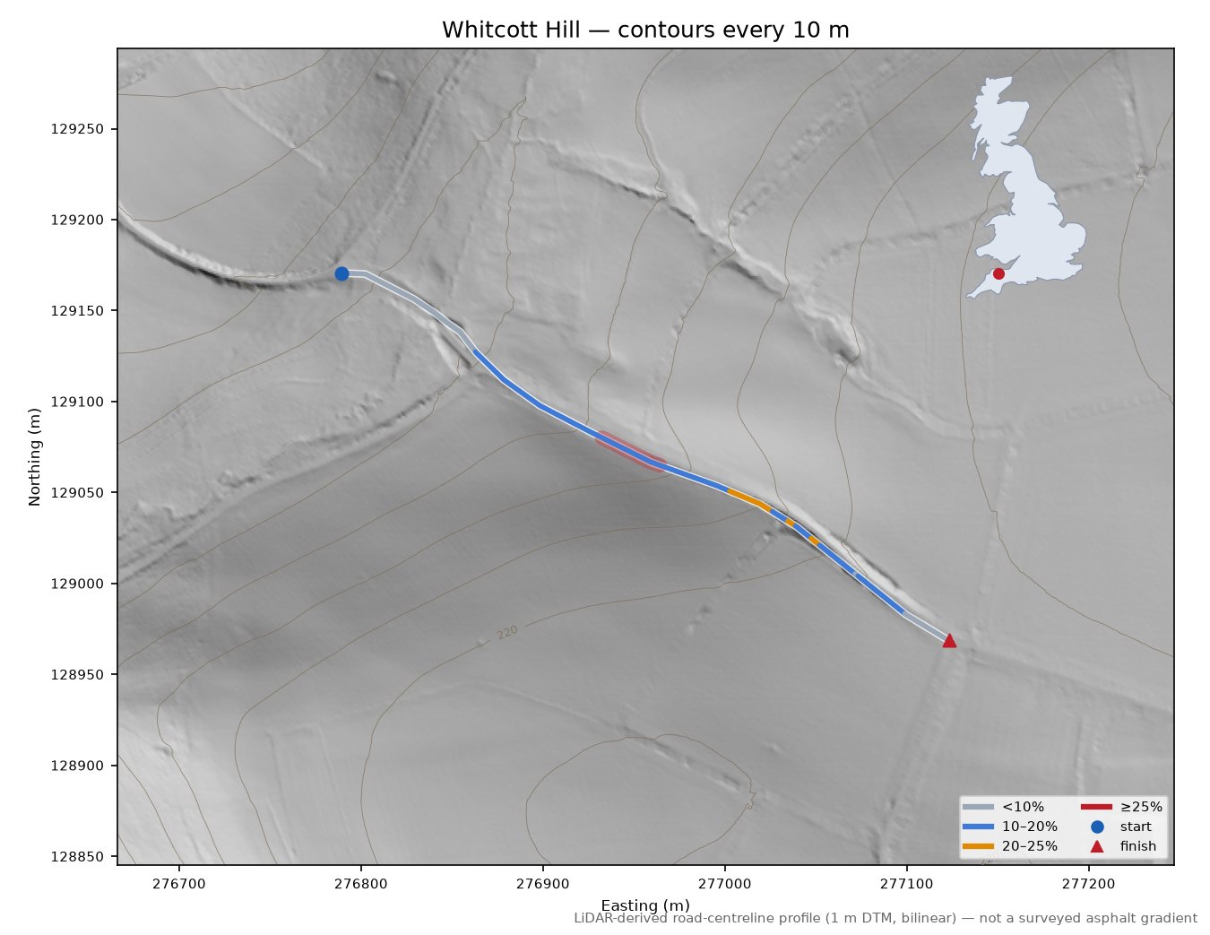 Whitcott Hill LiDAR hillshade map with contours