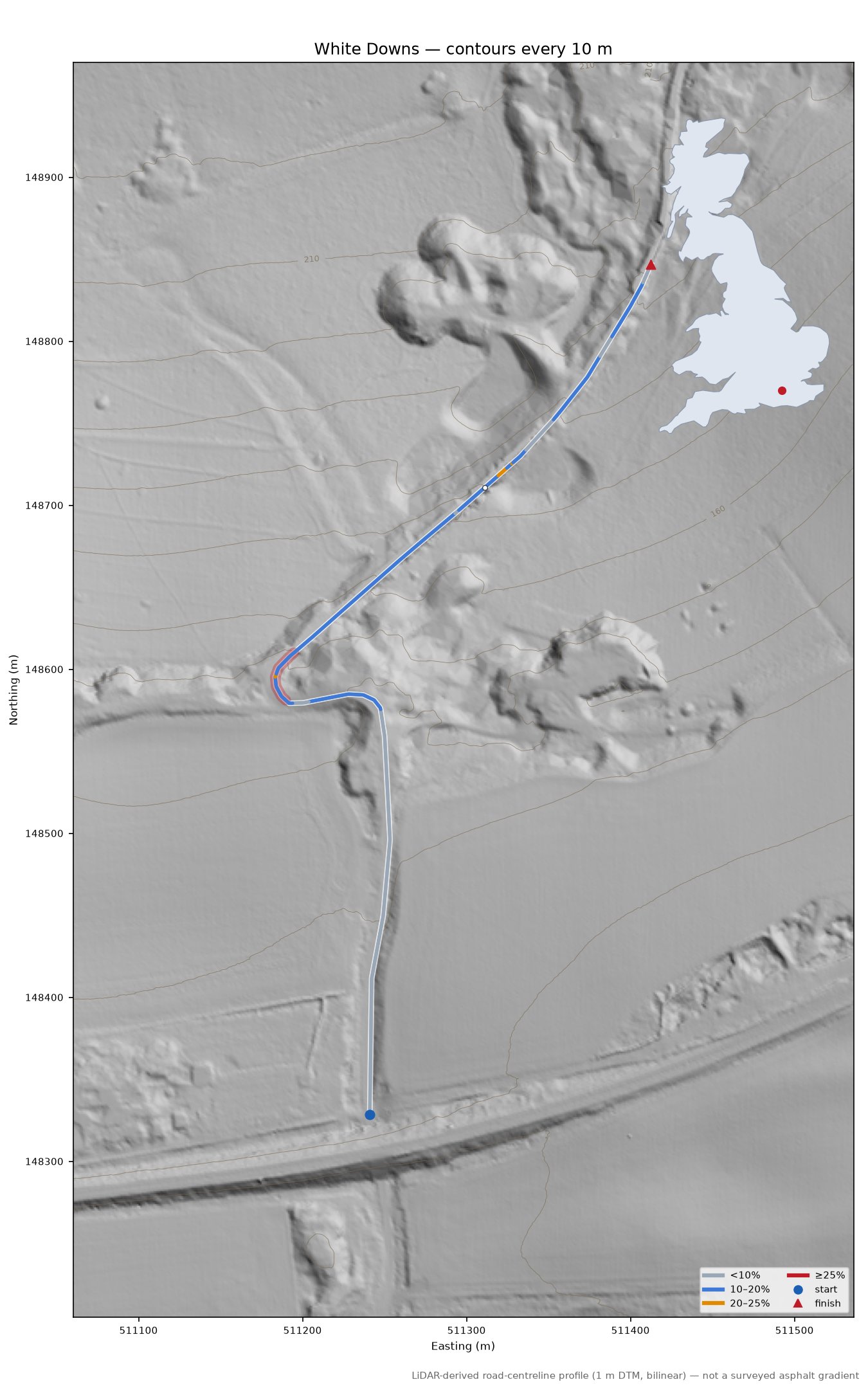 White Downs LiDAR hillshade map with contours