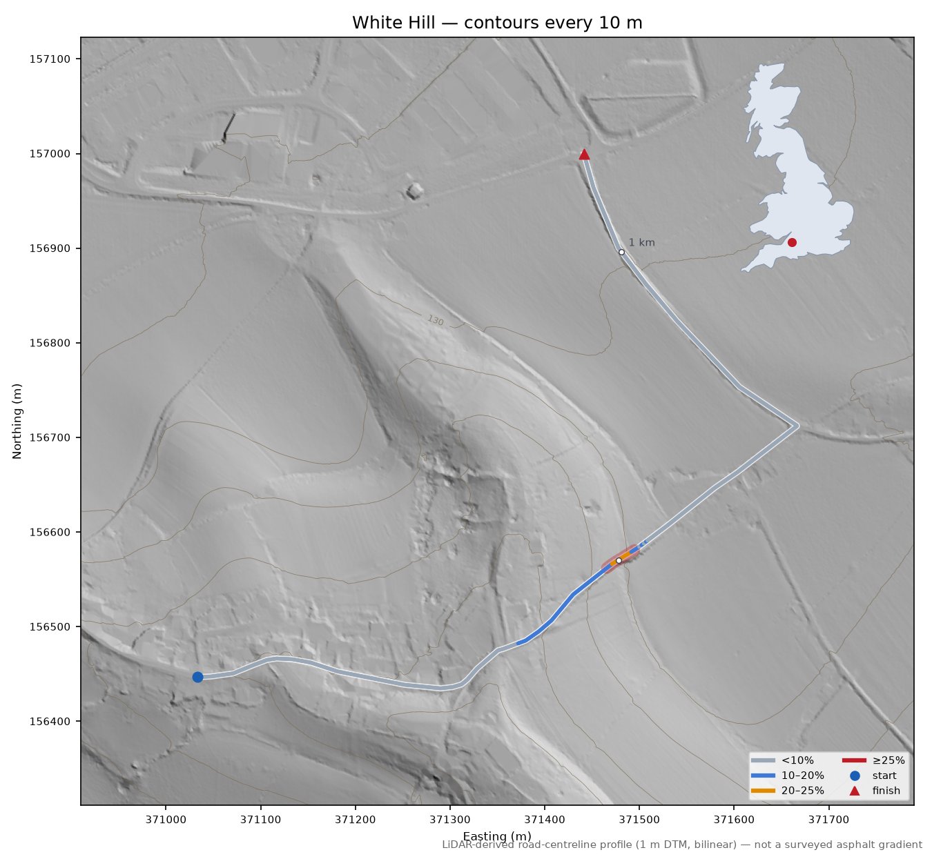White Hill LiDAR hillshade map with contours