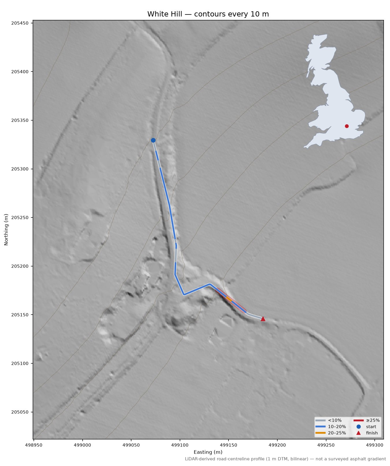 White Hill LiDAR hillshade map with contours