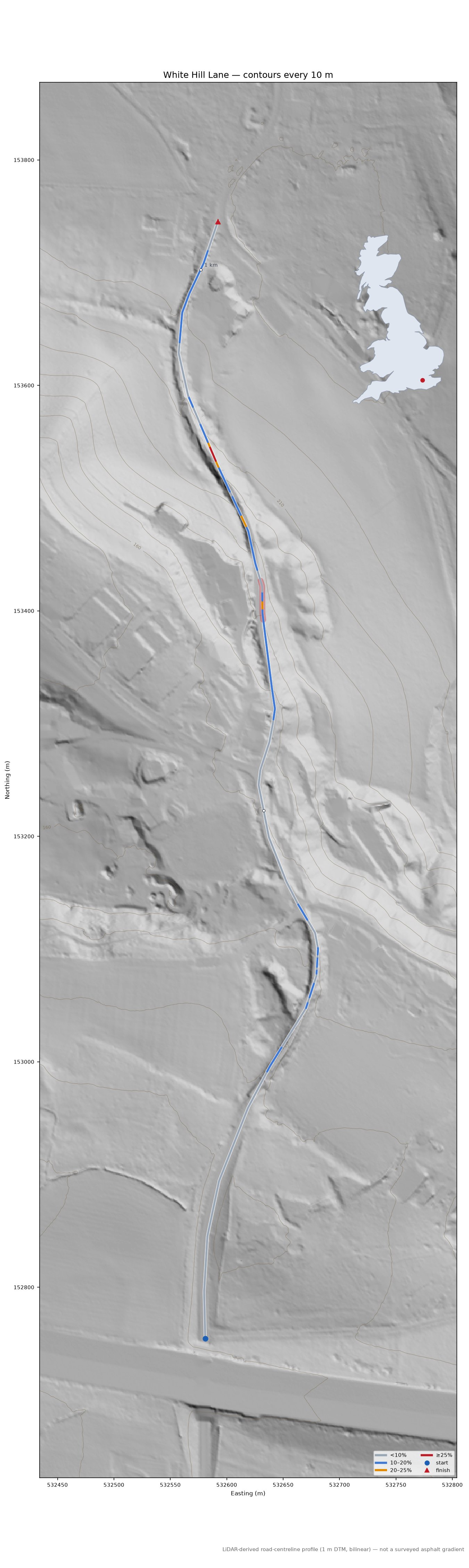 White Hill Lane LiDAR hillshade map with contours