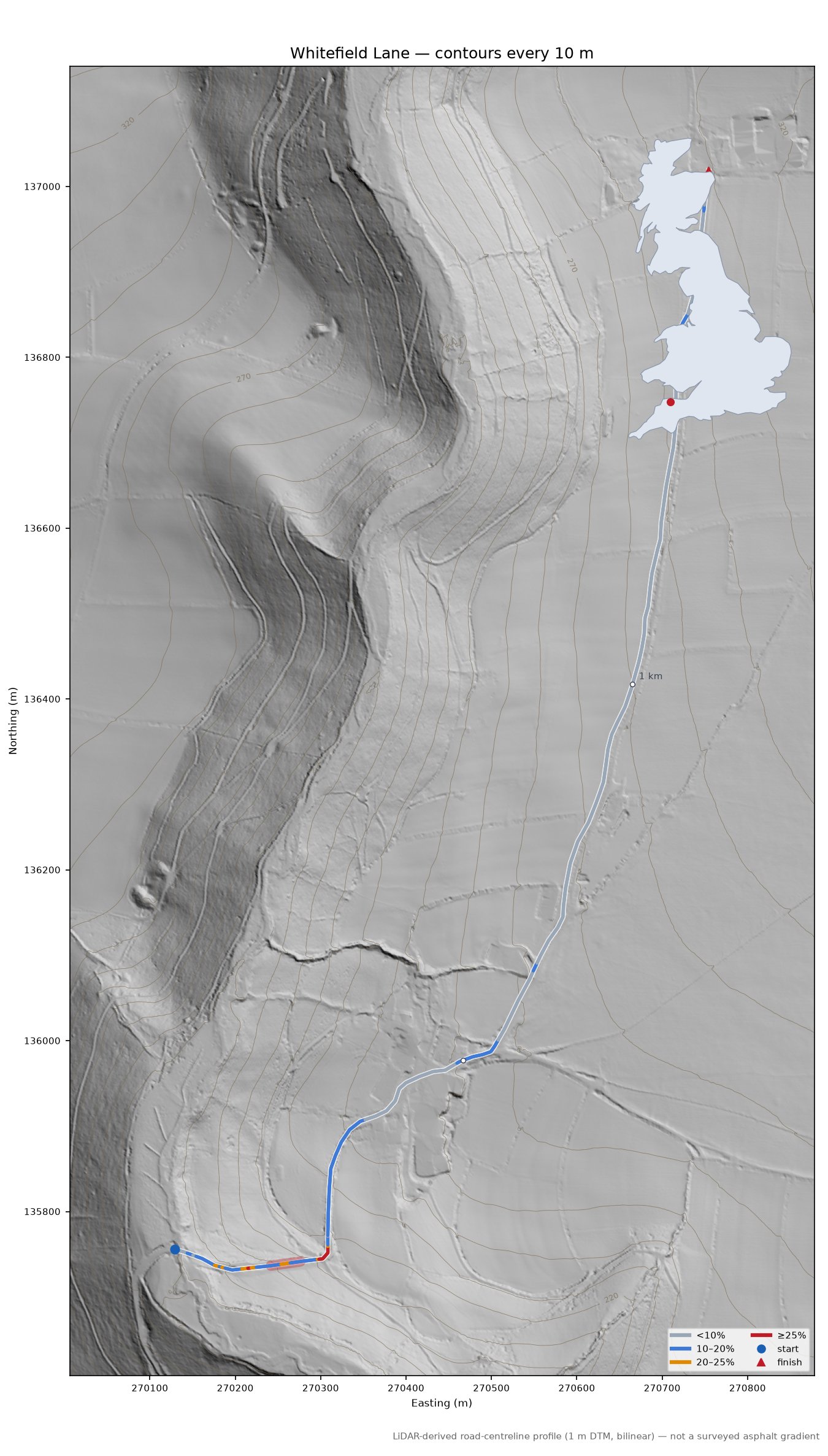 Whitefield Lane LiDAR hillshade map with contours