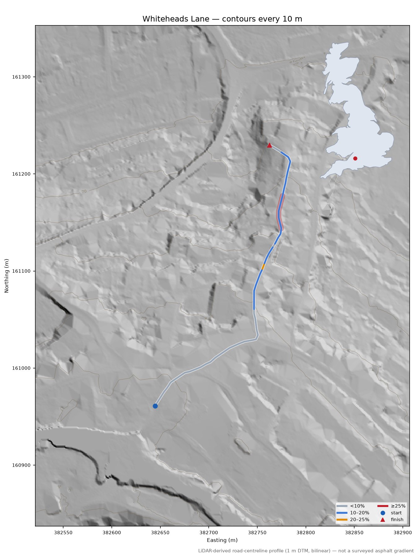 Whiteheads Lane LiDAR hillshade map with contours