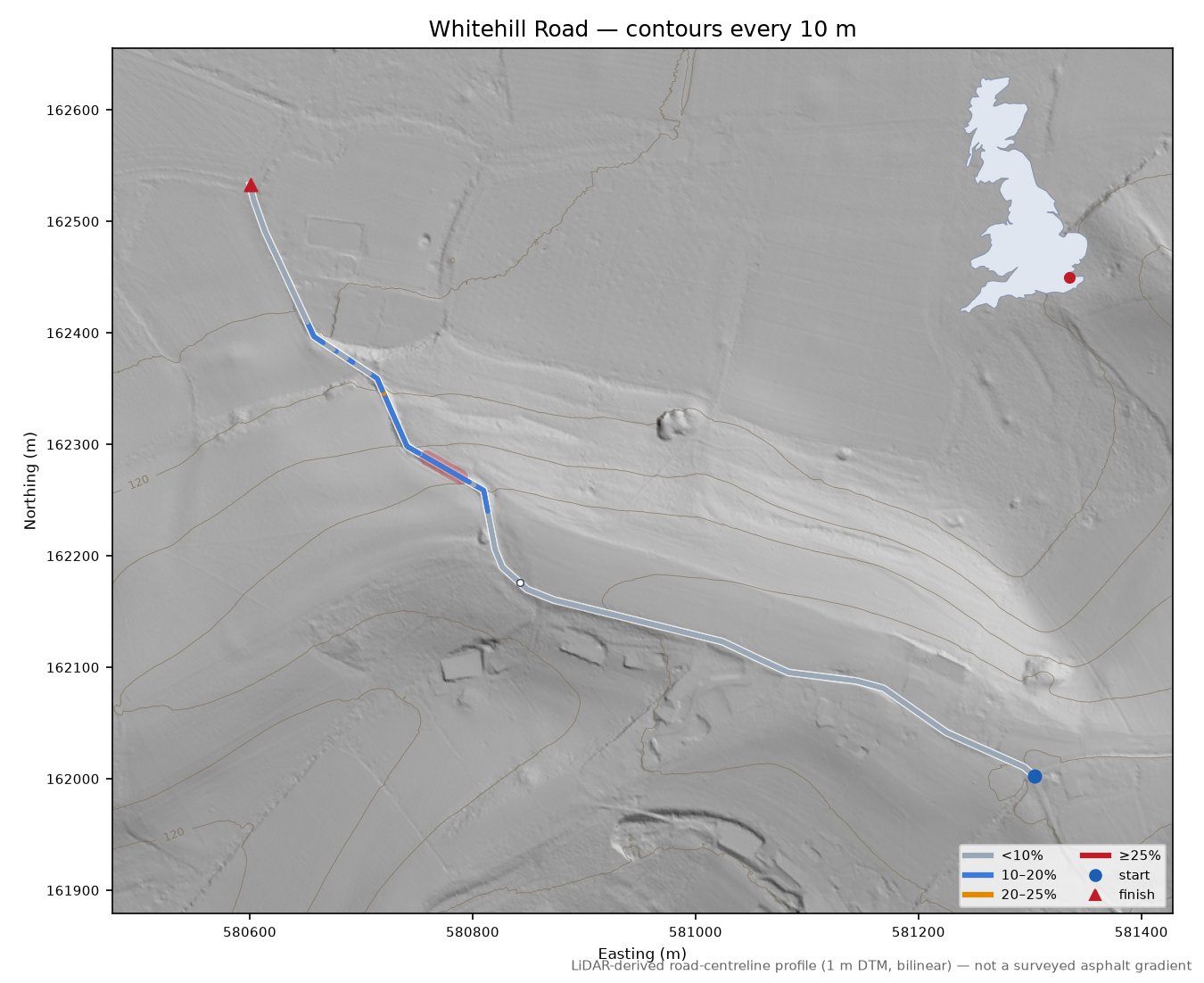 Whitehill Road LiDAR hillshade map with contours