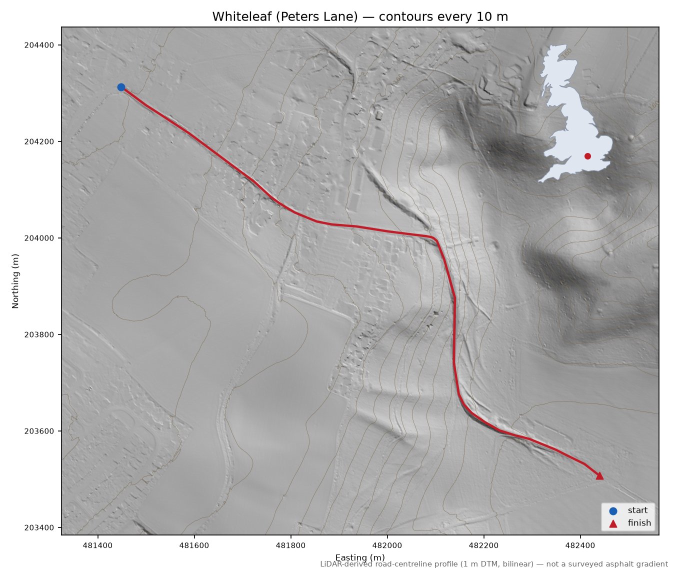 Whiteleaf (Peters Lane) LiDAR hillshade map with contours