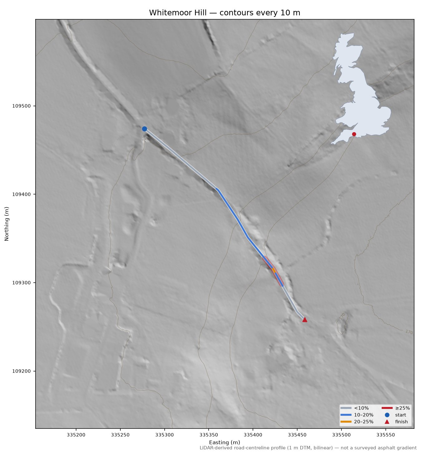 Whitemoor Hill LiDAR hillshade map with contours
