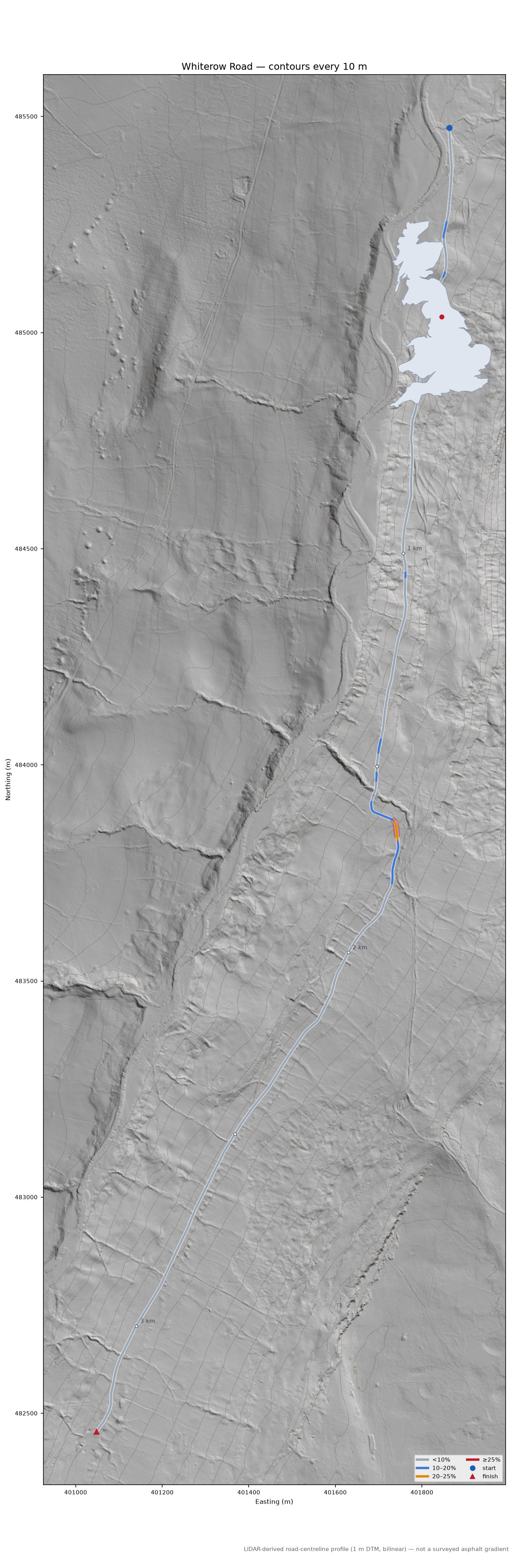 Whiterow Road LiDAR hillshade map with contours