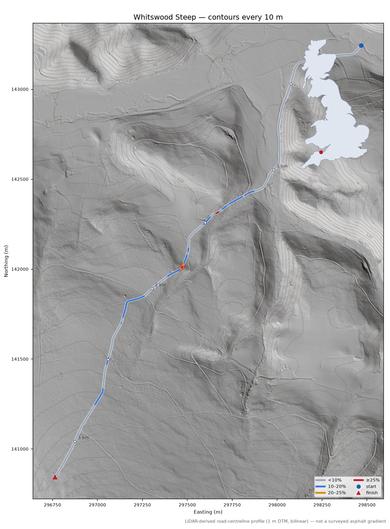 Whitswood Steep LiDAR hillshade map with contours
