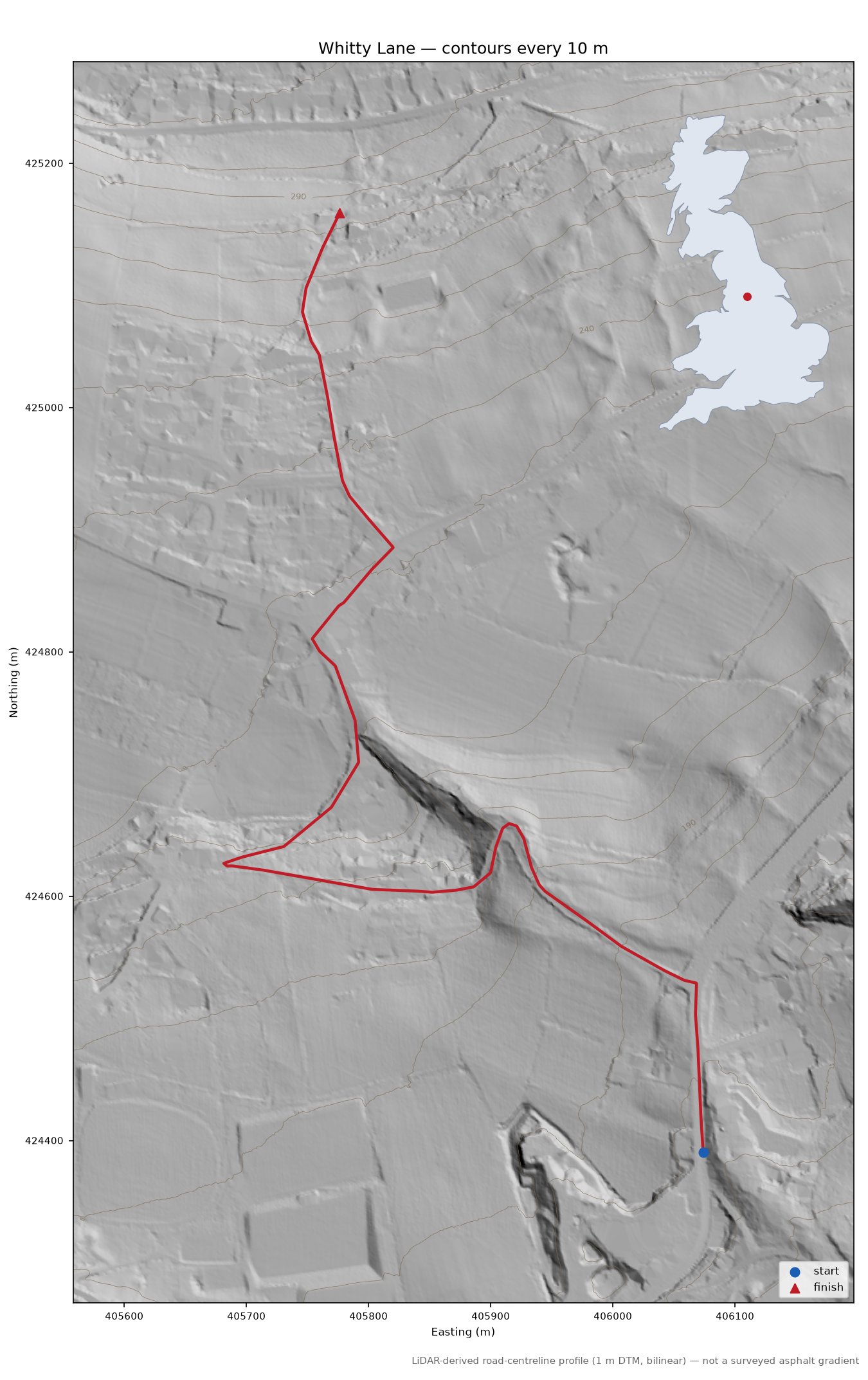 Whitty Lane LiDAR hillshade map with contours
