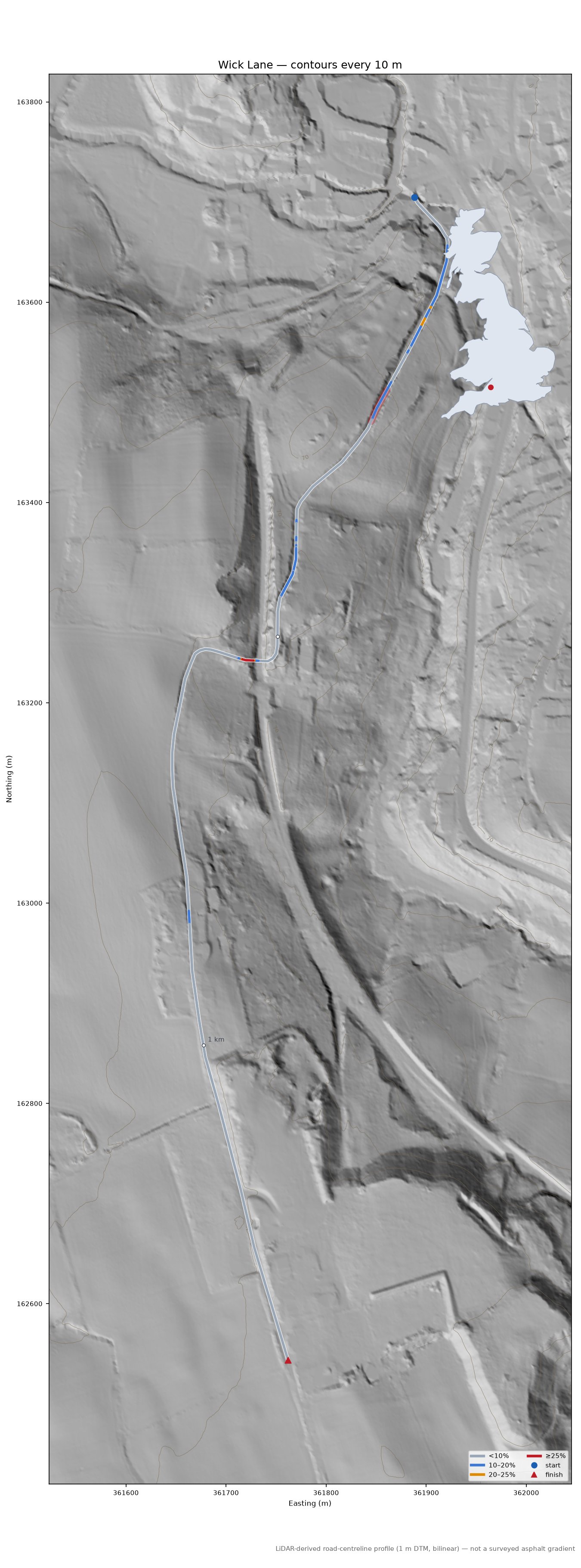 Wick Lane LiDAR hillshade map with contours