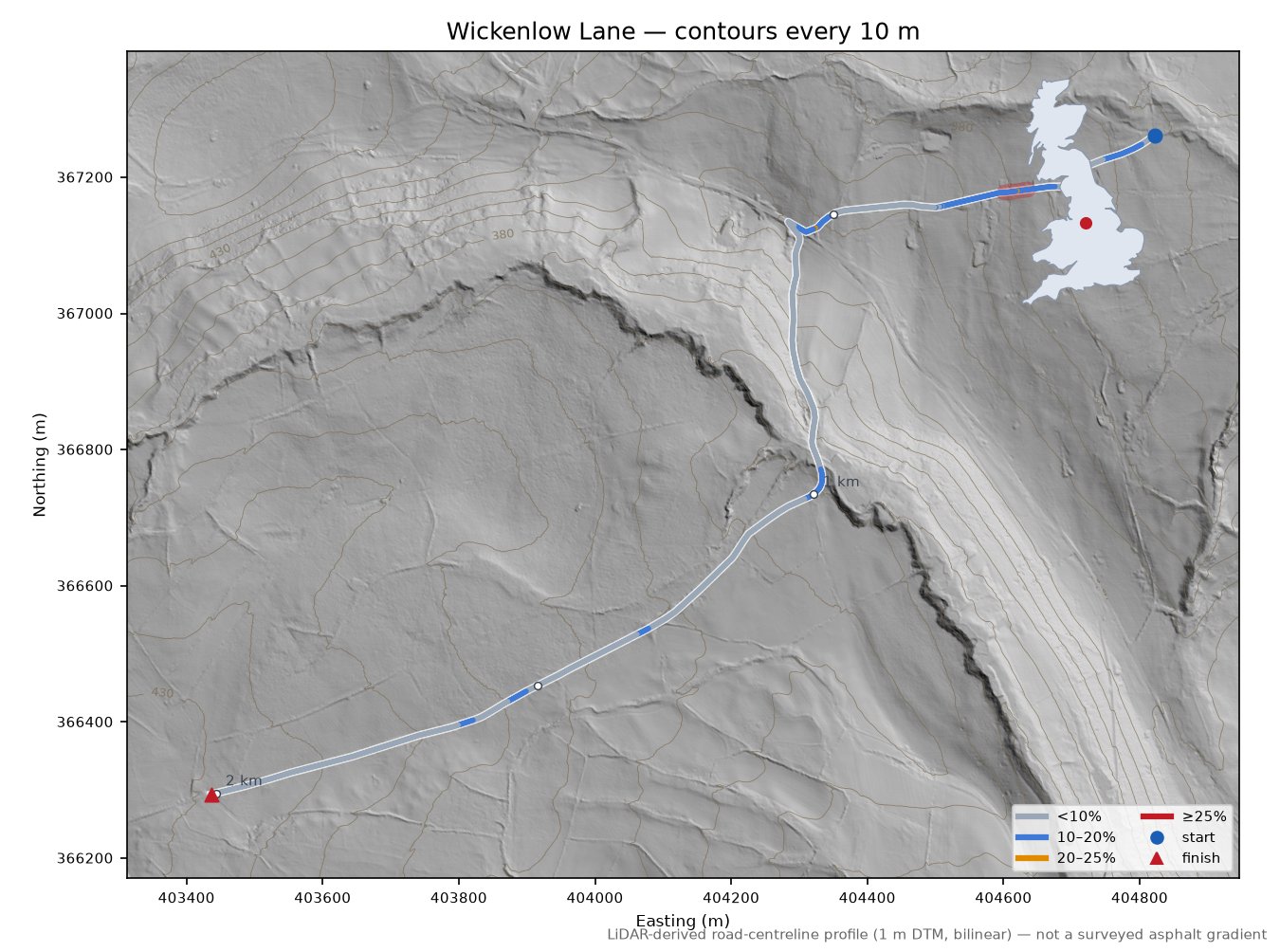 Wickenlow Lane LiDAR hillshade map with contours
