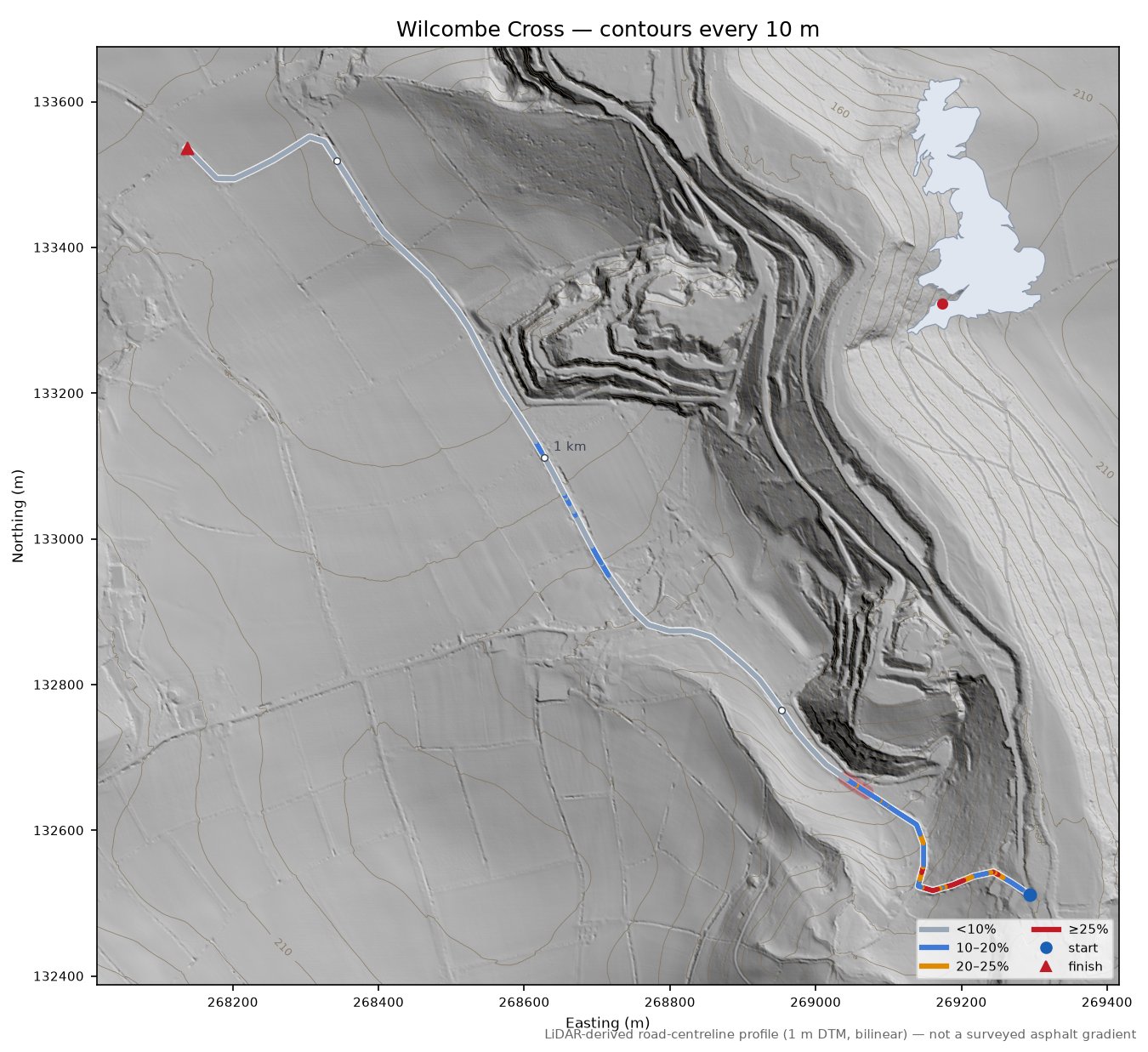 Wilcombe Cross LiDAR hillshade map with contours