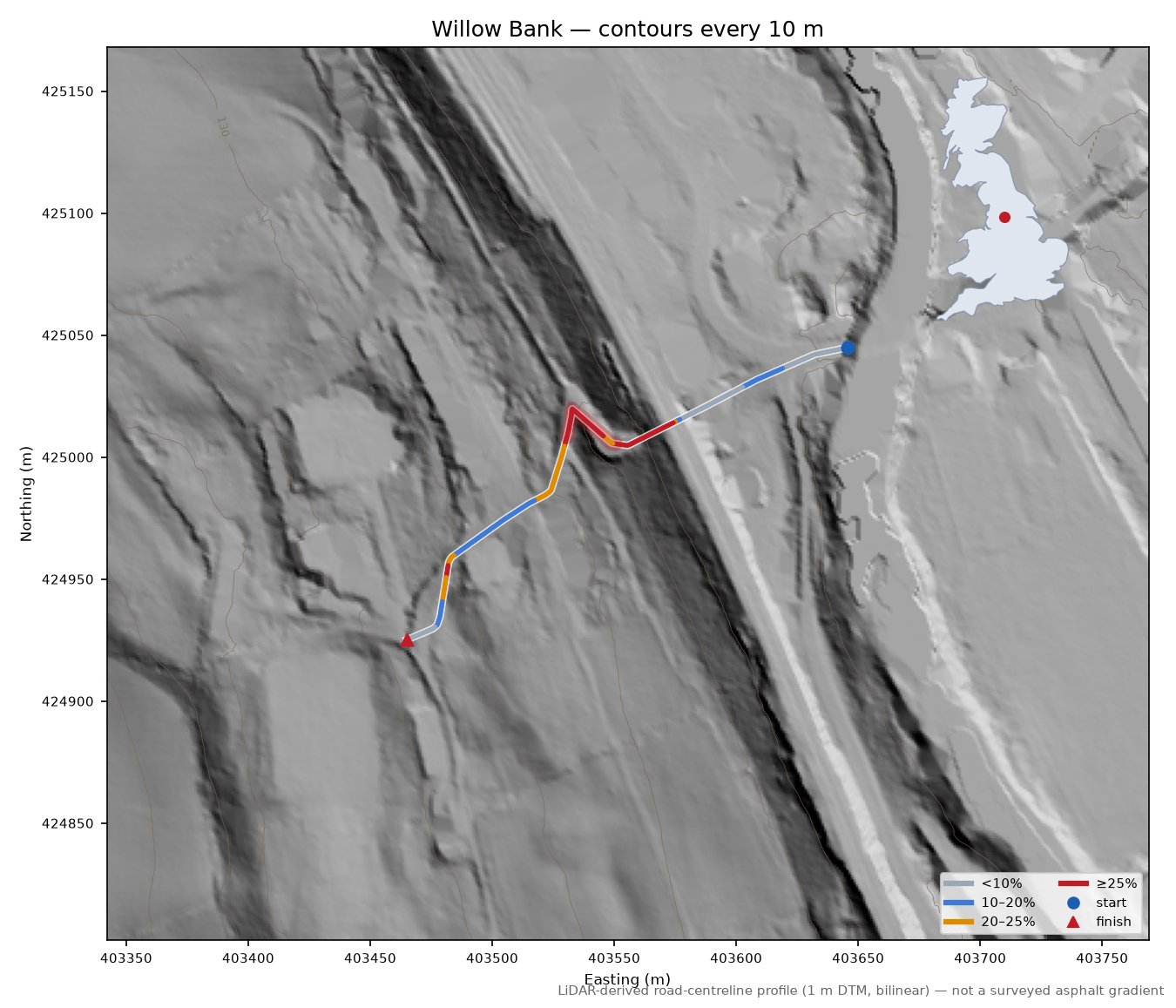 Willow Bank LiDAR hillshade map with contours