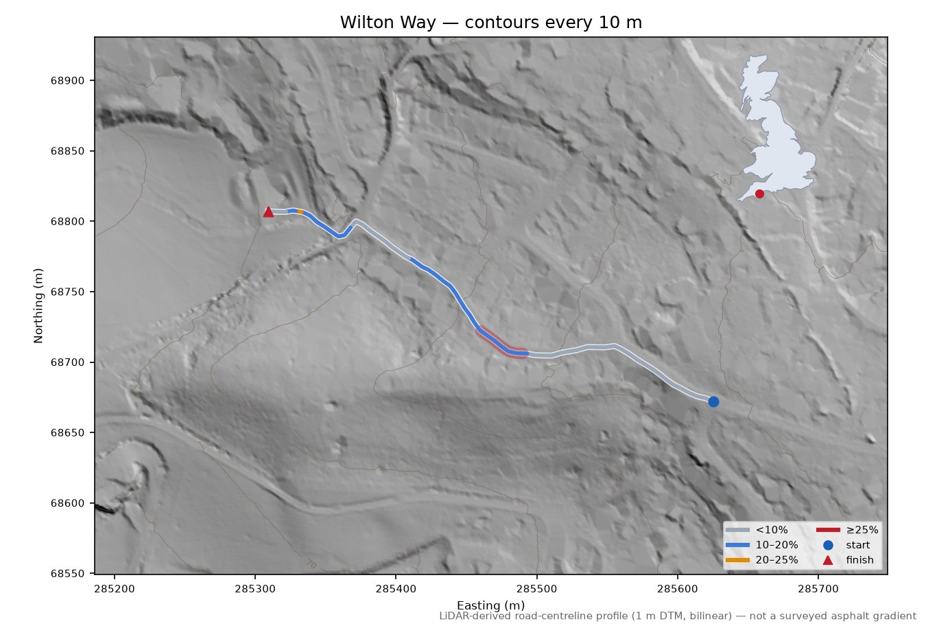 Wilton Way LiDAR hillshade map with contours