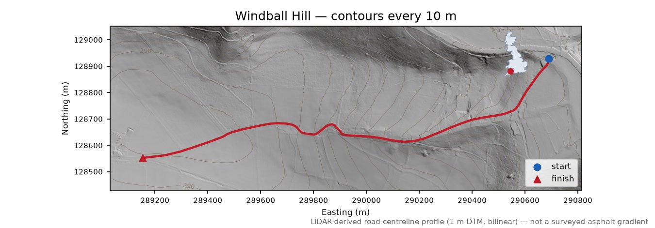Windball Hill LiDAR hillshade map with contours