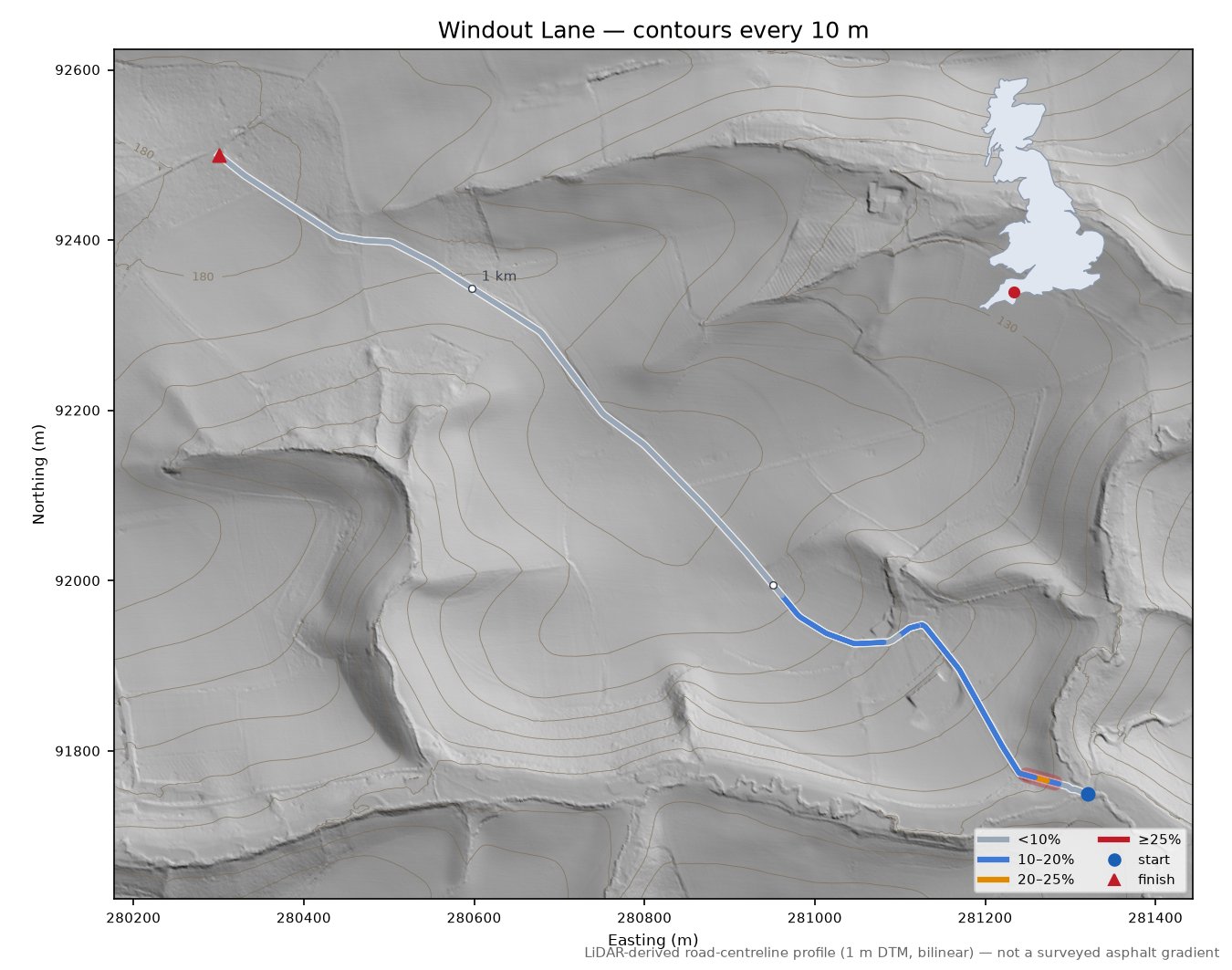 Windout Lane LiDAR hillshade map with contours
