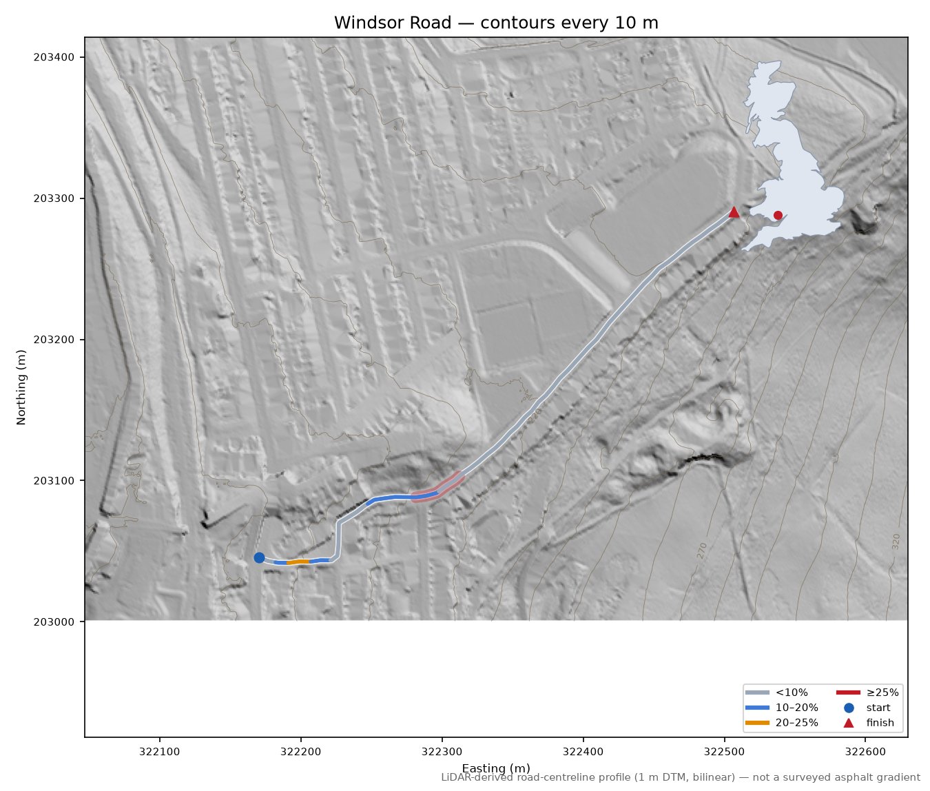Windsor Road LiDAR hillshade map with contours