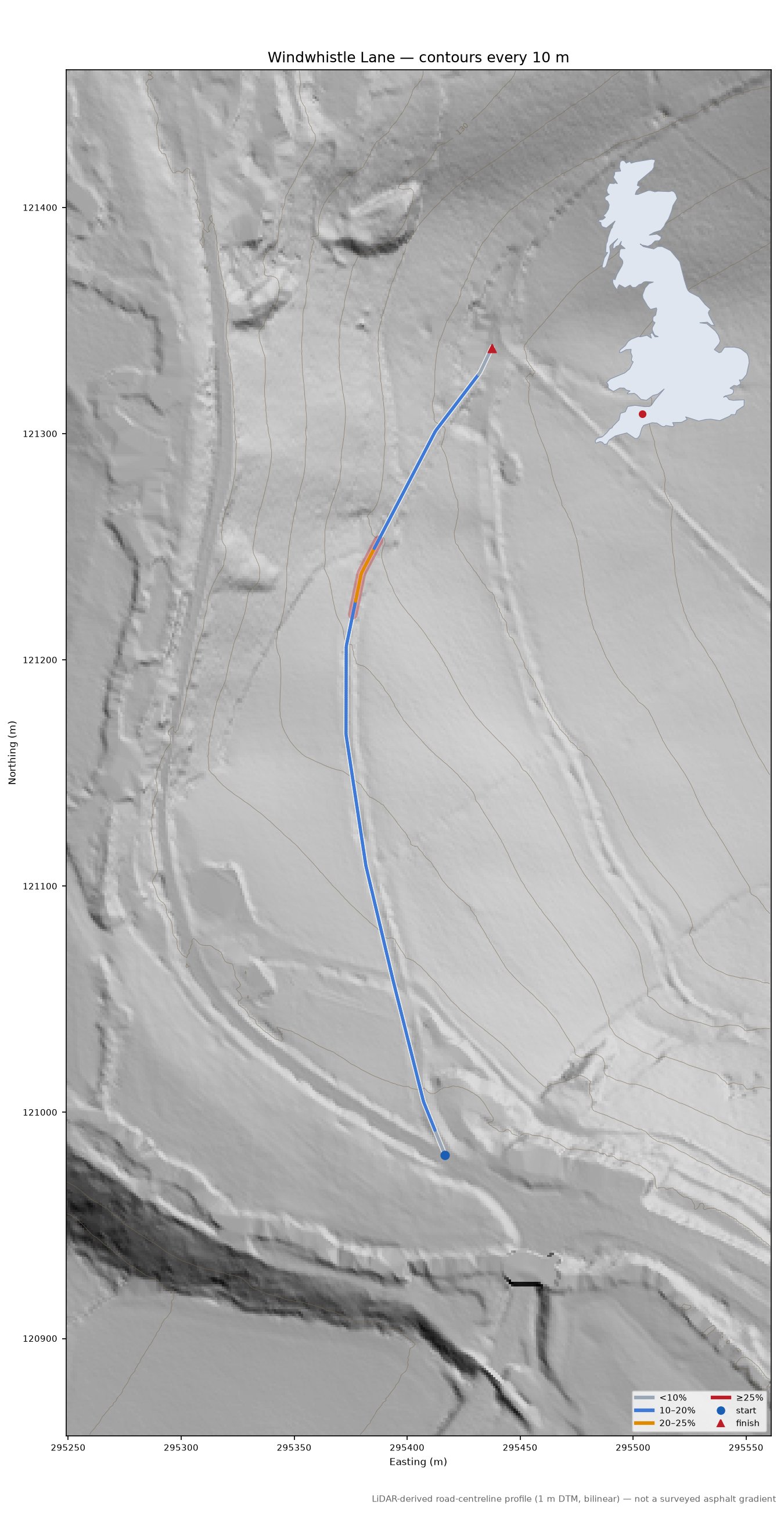 Windwhistle Lane LiDAR hillshade map with contours