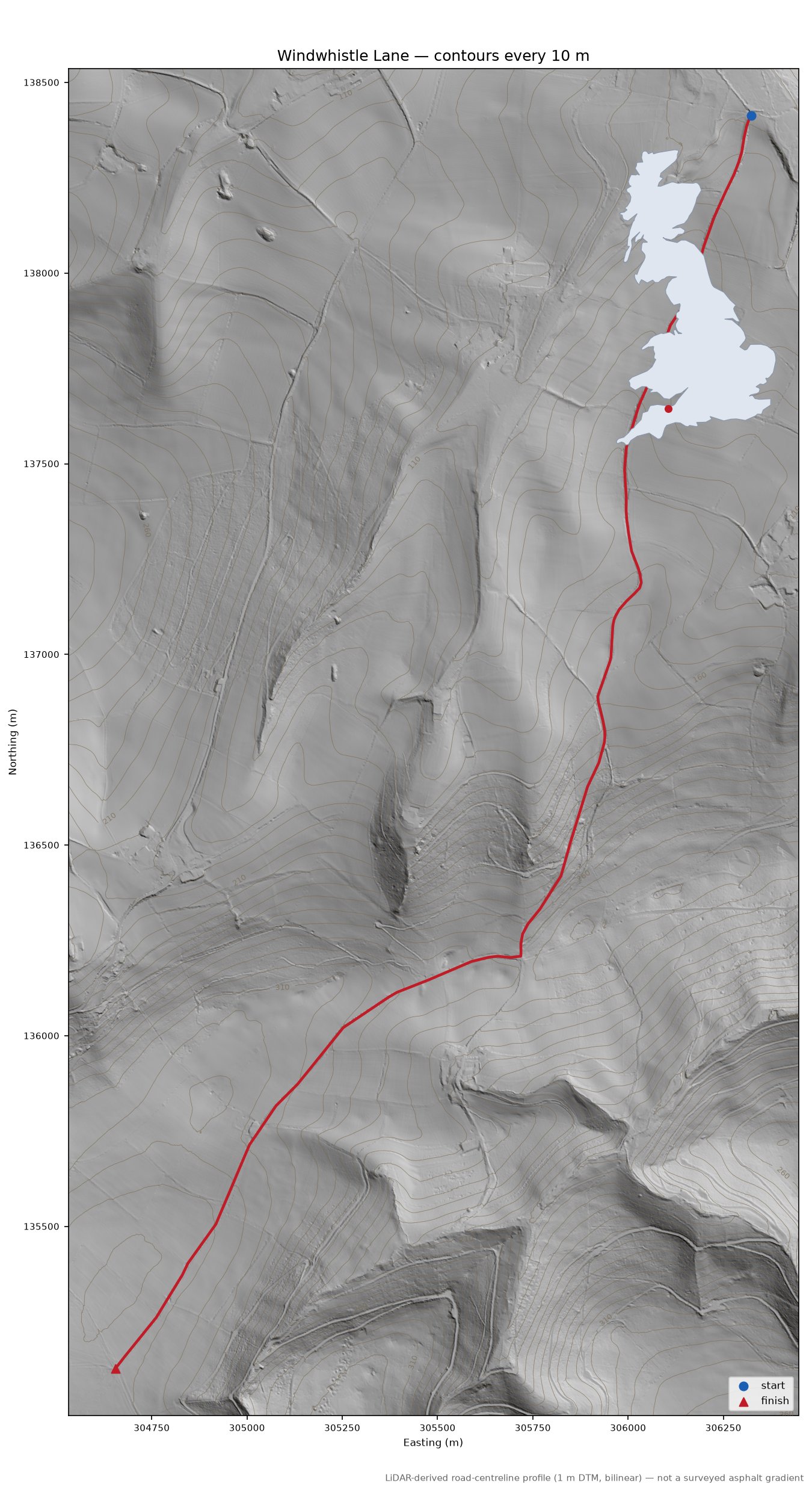 Windwhistle Lane LiDAR hillshade map with contours