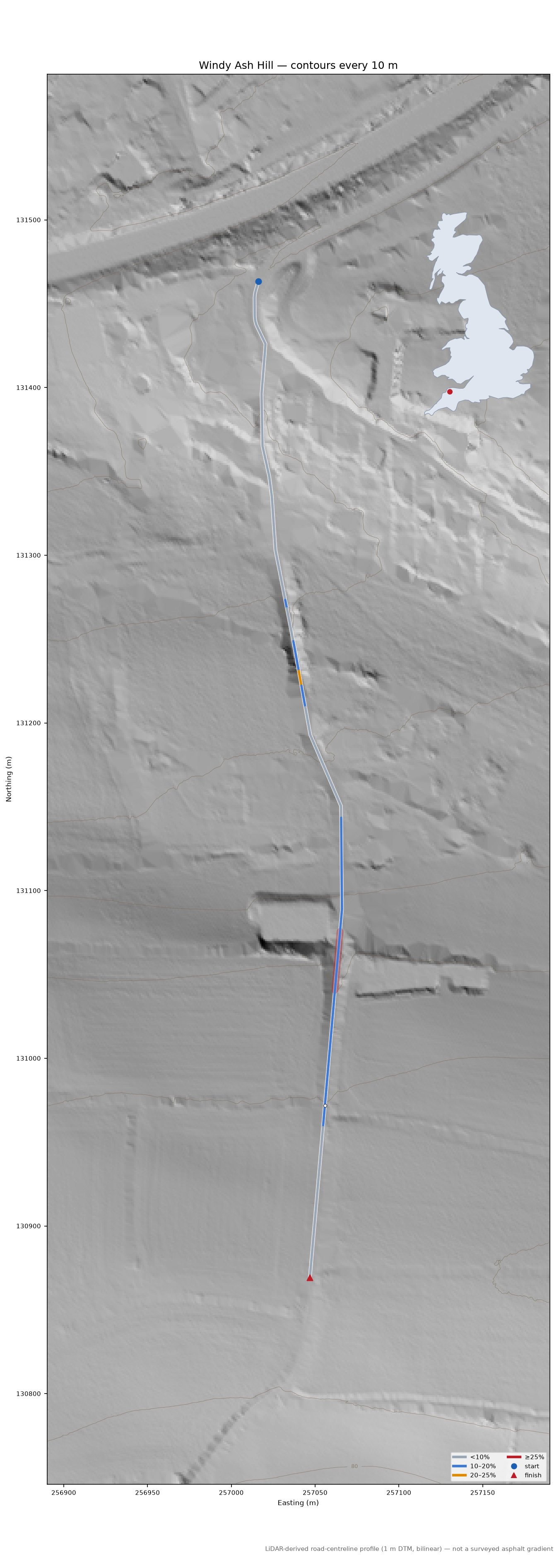 Windy Ash Hill LiDAR hillshade map with contours