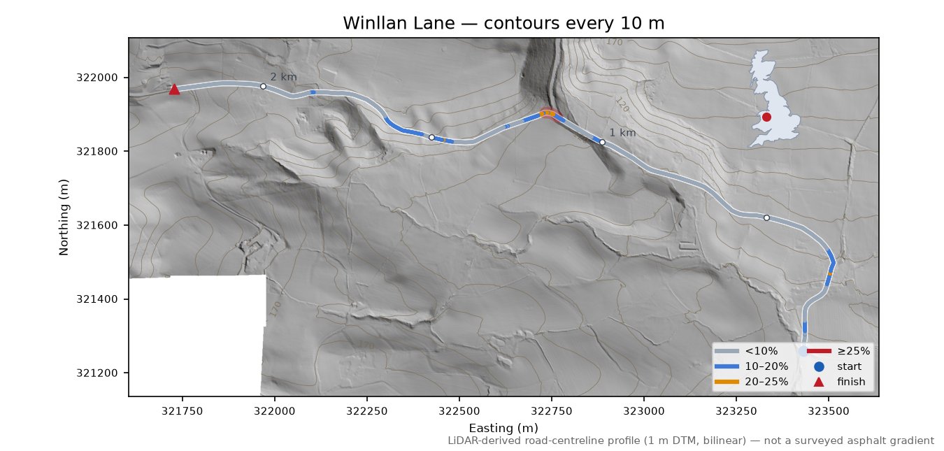Winllan Lane LiDAR hillshade map with contours