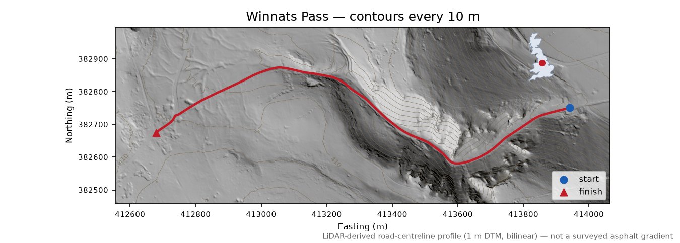 Winnats Pass LiDAR hillshade map with contours
